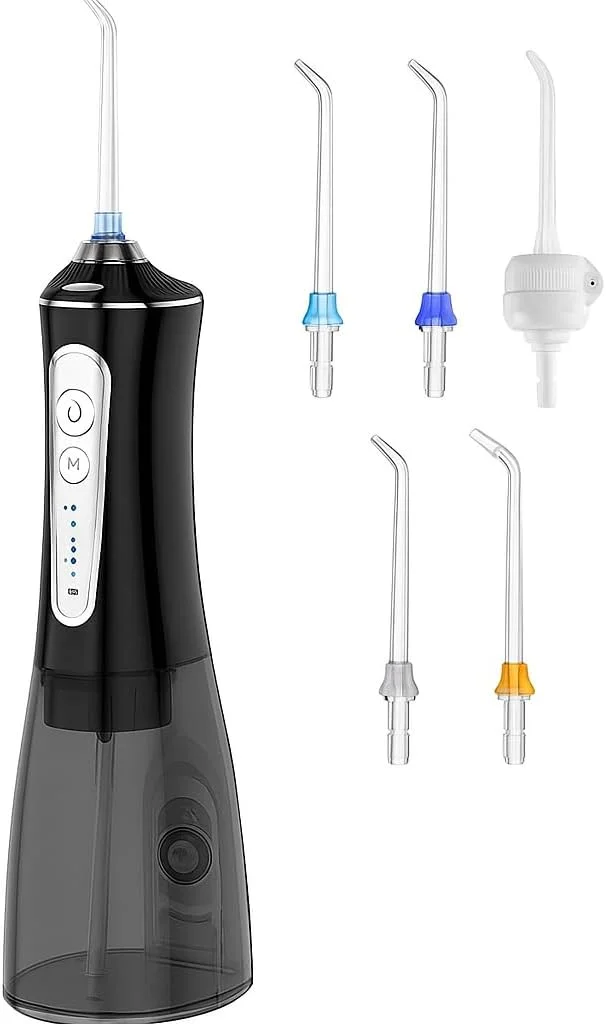 واتر فلاسر دندان بی سیم - 5 حالت تمیز کردن، ضد آب IPX7، دستگاه آبیاری دهان قابل حمل برای خانه و مسافرت (مشکی)