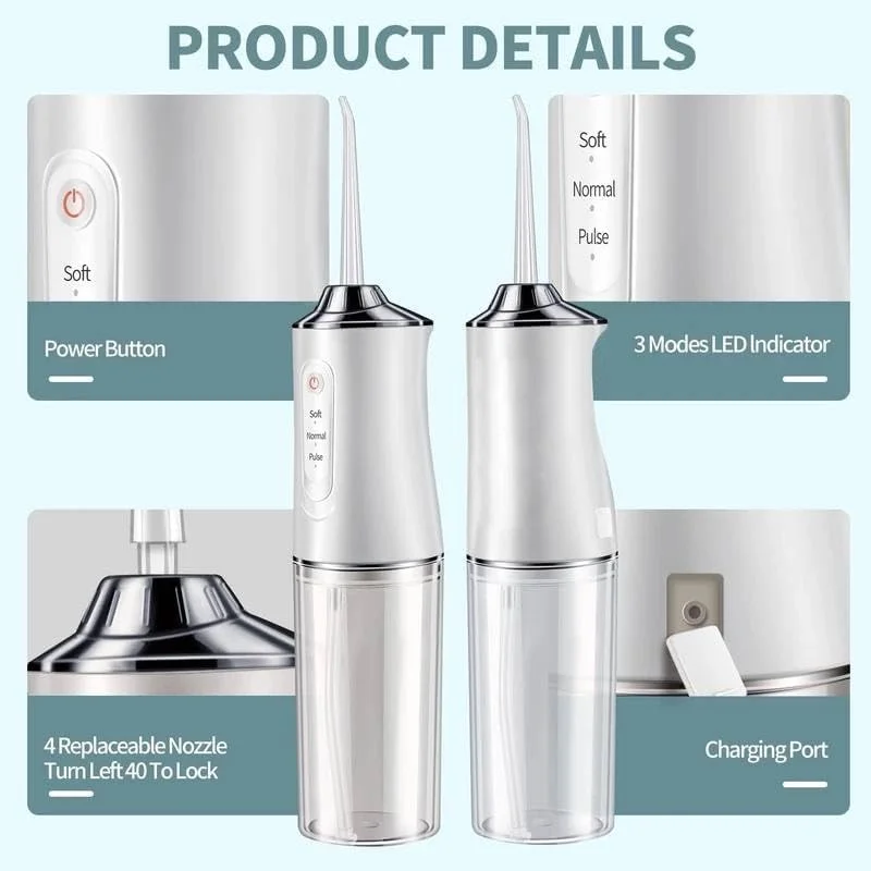 واتر فلاسر دندان بی سیم - دستگاه آبیاری دهان قابل حمل با مخزن 230 میلی لیتری، 4 سری جت و 3 حالت فشار - قابل شارژ USB و ضد آب، ایده آل برای مسافرت و استفاده در منزل - رنگ صورتی