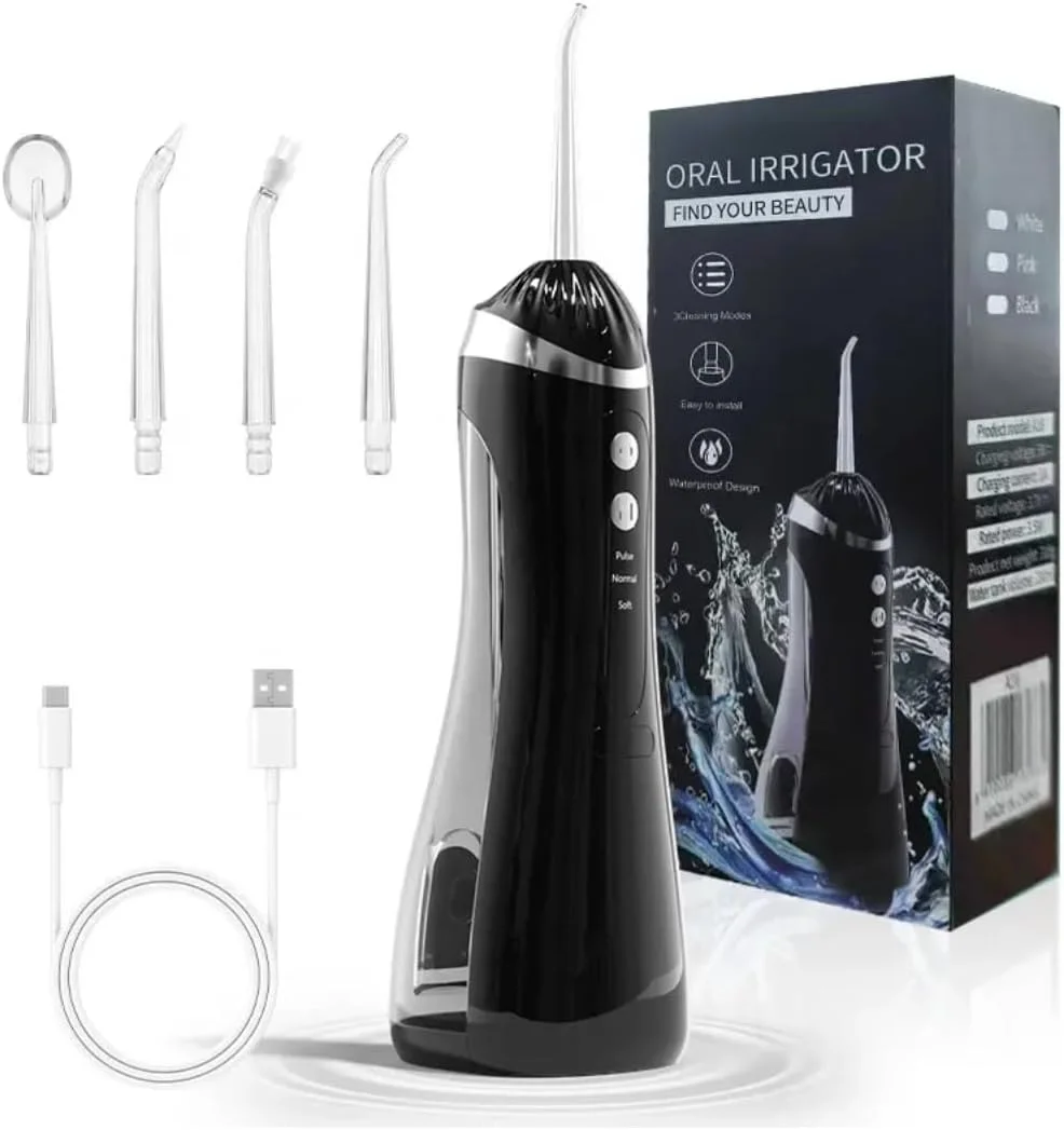 واتر فلاسر دندانی بی سیم - دستگاه شستشوی دهان حرفه ای با 3 حالت، مخزن آب 200 میلی لیتری، قابل شارژ با USB، ضد آب IPX6 - ایده آل برای خانه و مسافرت، شامل 5 سری جت (مشکی)