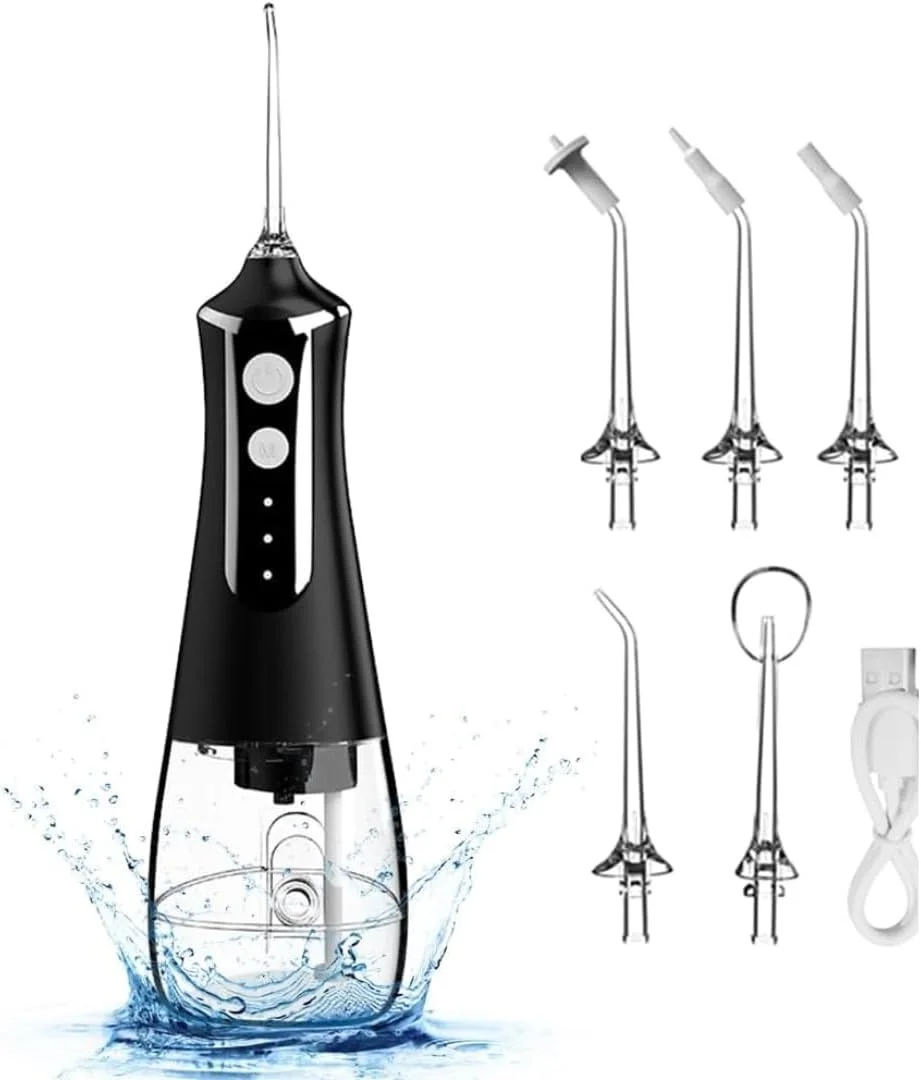 واتر فلاسر دندانی بی سیم - دستگاه شستشوی دهان حرفه ای با 3 حالت، مخزن آب 200 میلی لیتری، قابل شارژ با USB، ضد آب IPX6 - ایده آل برای خانه و مسافرت، شامل 5 سری جت (مشکی)