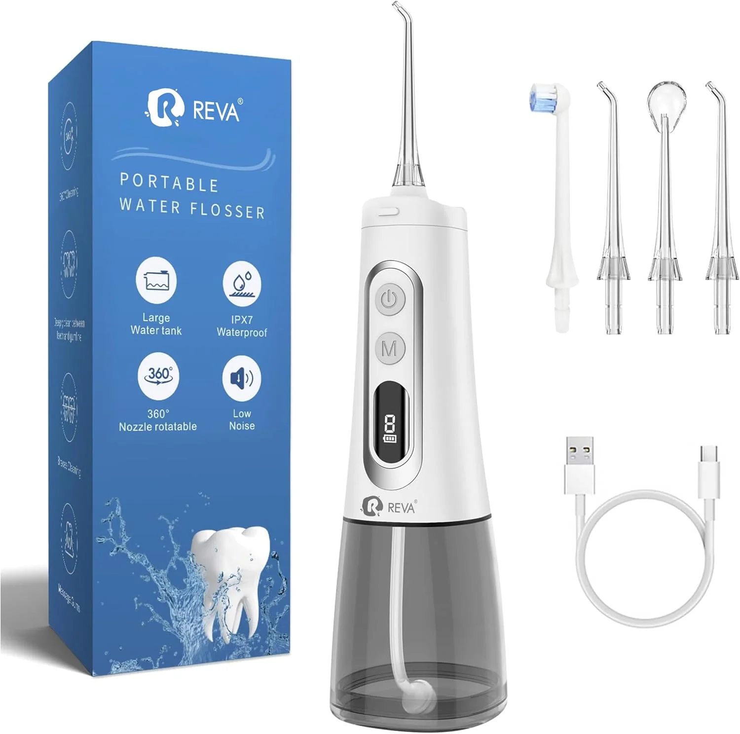 نخ دندان آبی بی سیم R REVA - دارای 9 حالت، نمایشگر HD، قابل شارژ با USB، مخزن 300 میلی لیتری، نازل 360 درجه، ضد آب IPX7، تمیز کننده دندان قابل حمل برای خانه و مسافرت (M139 Plus سفید)