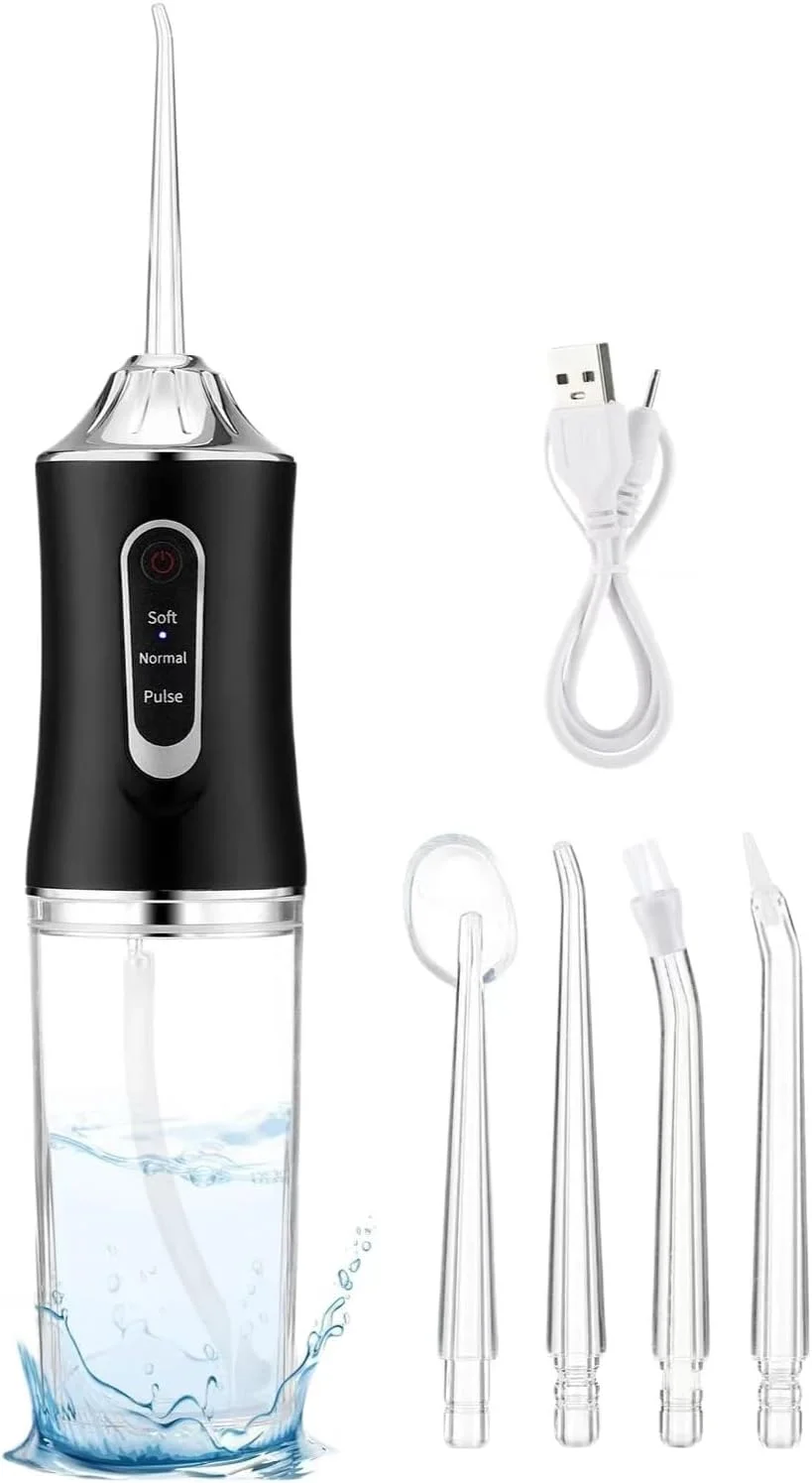 واتر فلاسر بی سیم با 3 حالت، ضد آب IPX7 با مخزن 300 میلی لیتری، عمر باتری 15 روزه، قابل شارژ با باتری 1000 میلی آمپر ساعتی برای خانه و مسافرت، مشکی