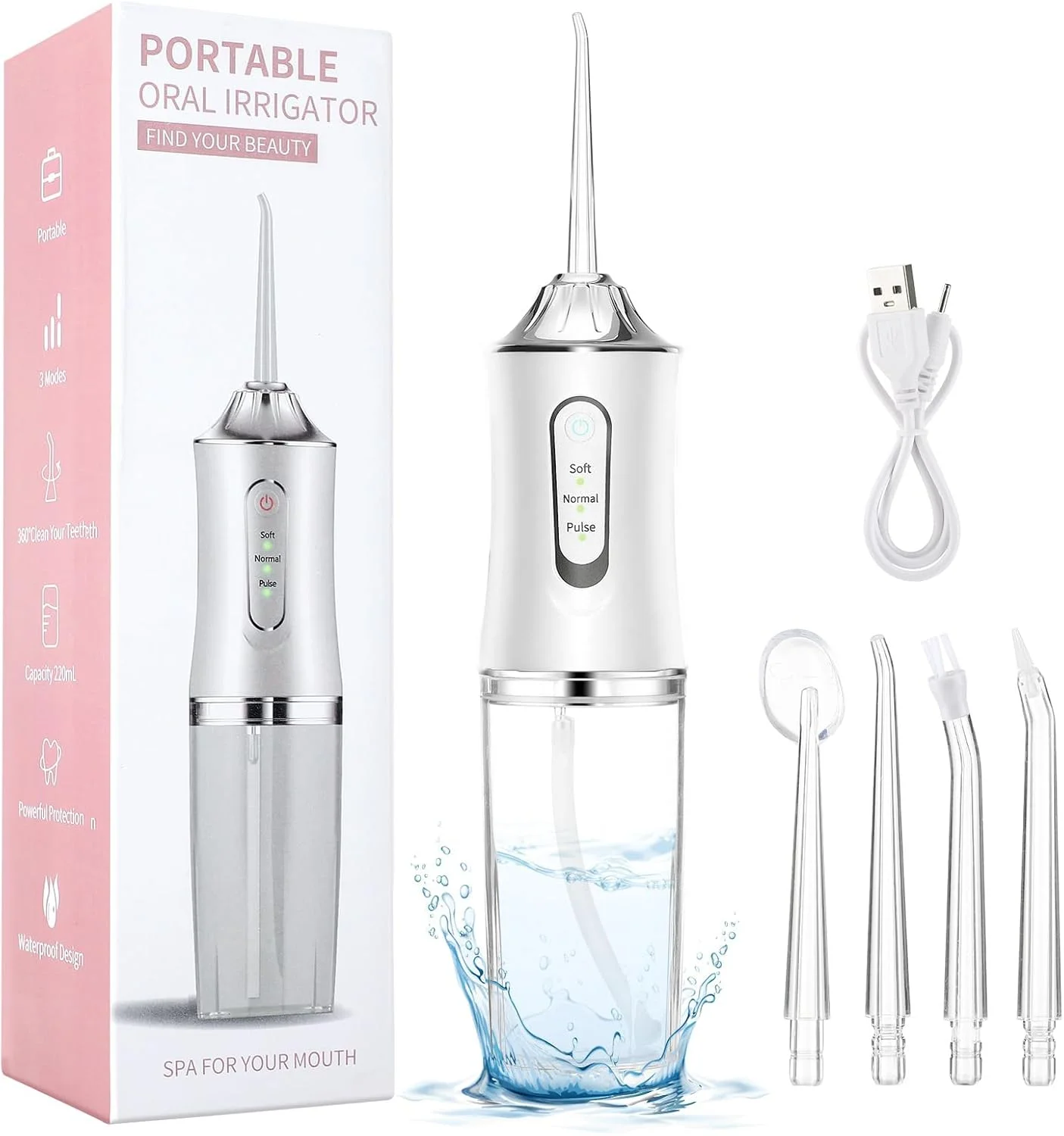 واتر فلاسر بی سیم با 3 حالت، ضد آب IPX7 با مخزن 300 میلی لیتری، عمر باتری 15 روزه، قابل شارژ با باتری 1000 میلی آمپر ساعتی برای خانه و مسافرت، سفید