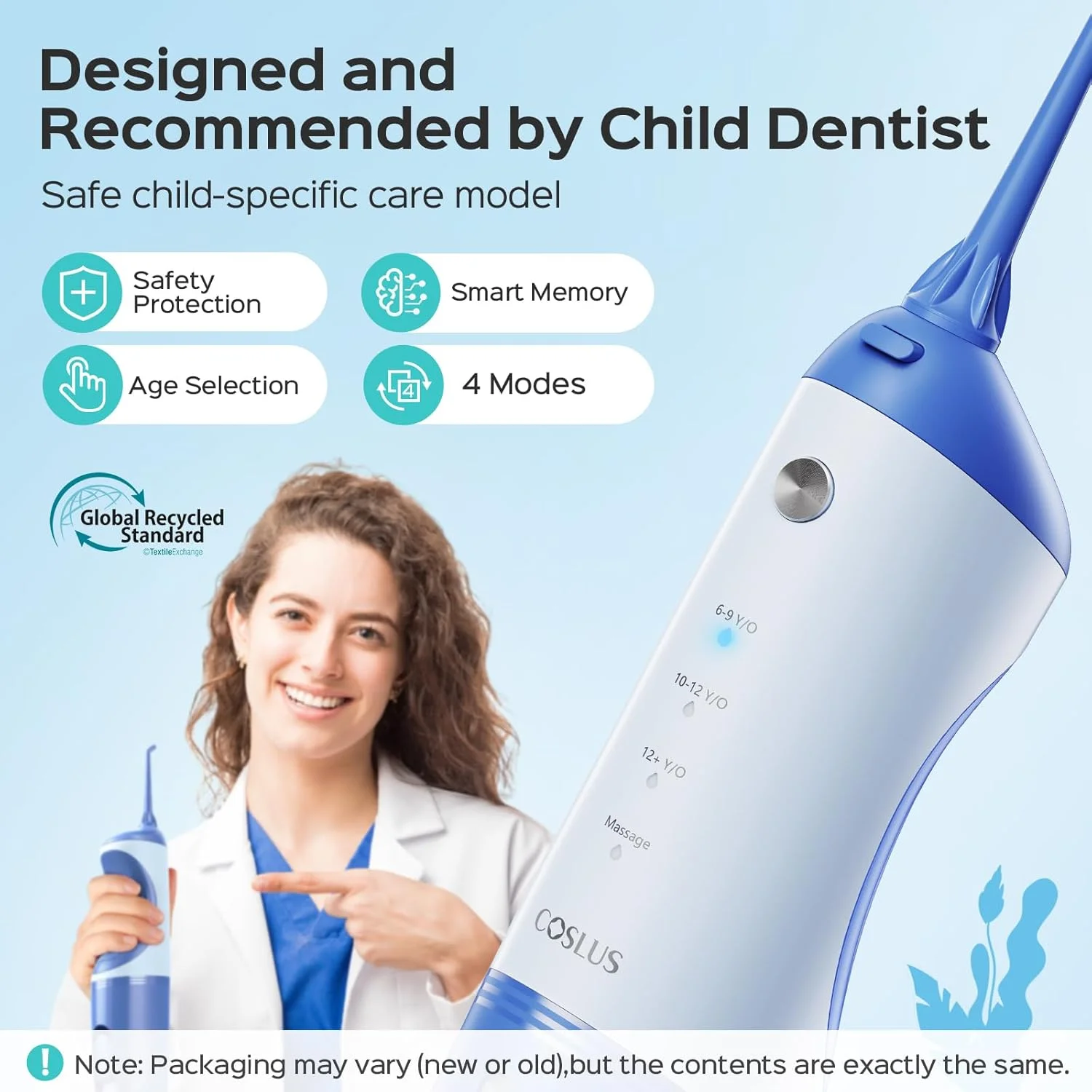 واتر فلاسر بی‌سیم کودکانه COSLUS، انتخاب دندانپزشکی آبی بامزه برای دندان، ارتودنسی، مراقبت از لثه - 4 حالت برای کاربران 6 سال به بالا، ایمن و ملایم، قابل شارژ، ضد آب، قابل حمل برای مسافرت، آبی سفید، C31