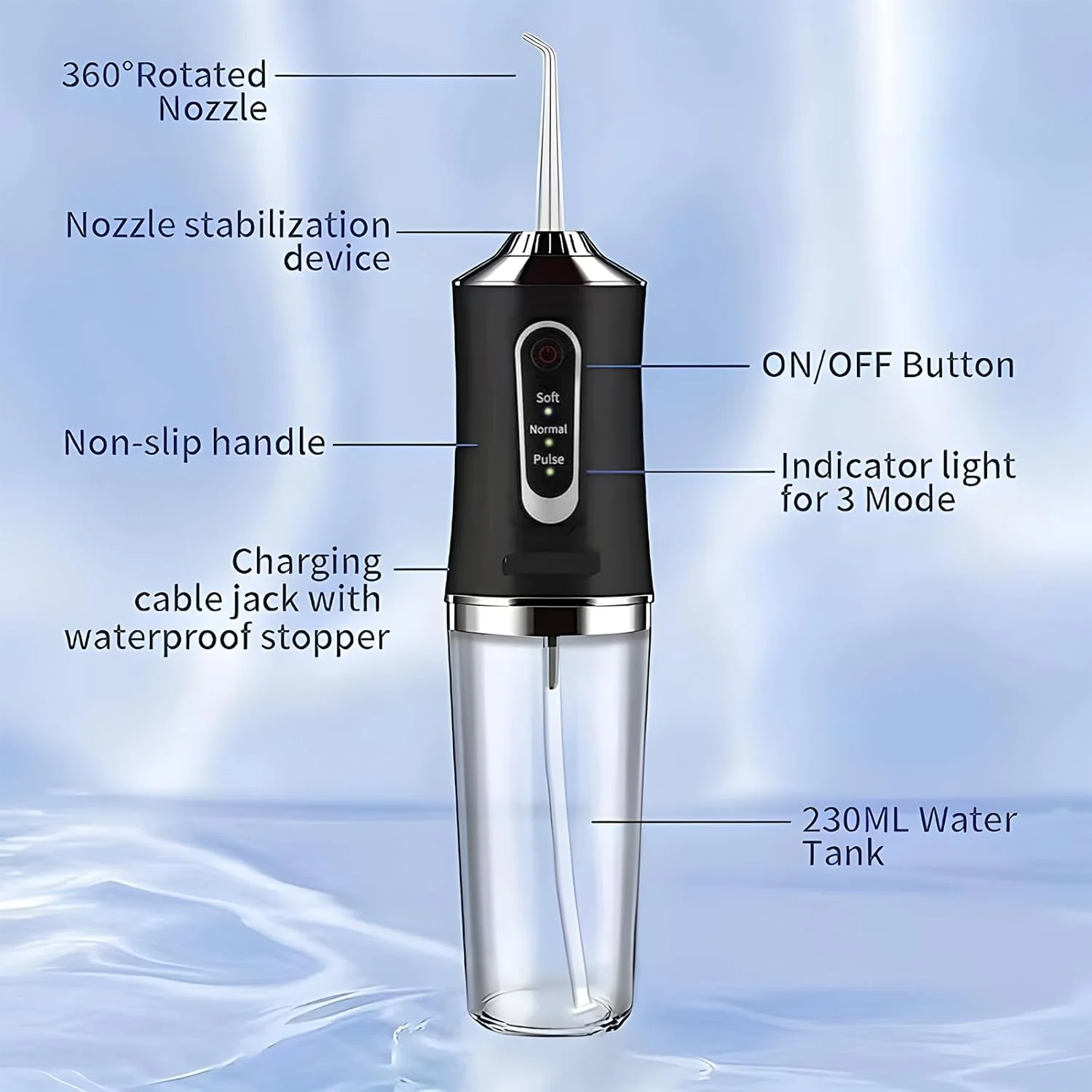 واتر فلاسر بی سیم با 3 حالت، ضد آب IPX7 با مخزن 300 میلی لیتری، عمر باتری 15 روزه، قابل شارژ با باتری 1000 میلی آمپر ساعتی برای خانه و مسافرت، سفید