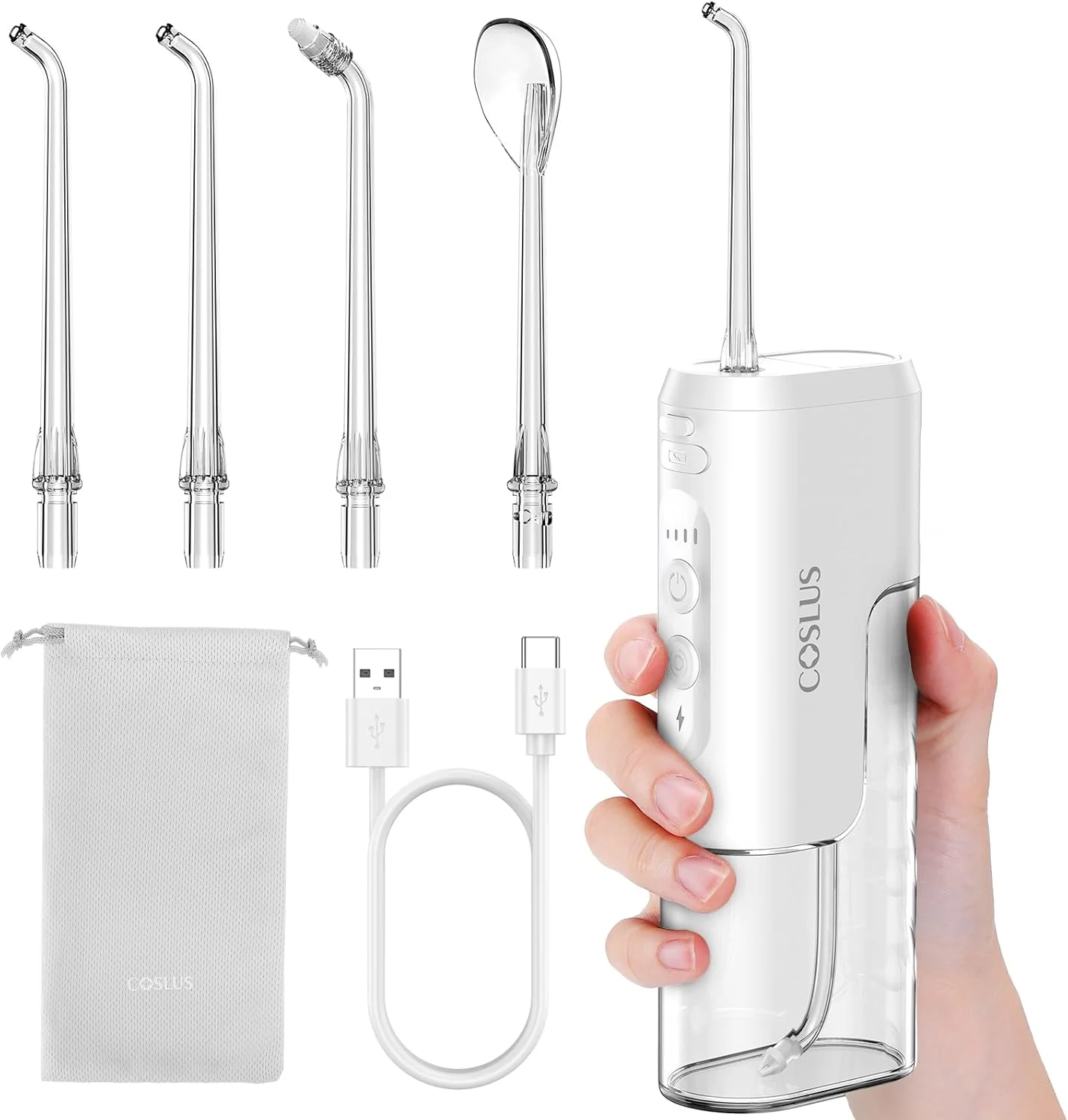 واتر فلاسر مسافرتی کوچک و قابل حمل COSLUS، دستگاه آبیاری دهان و دندان بی سیم و جمع و جور برای مراقبت از دندان، ارتودنسی و لثه، دارای 4 سری جت و قابلیت نگهداری، قابل شارژ، ضد آب برای استفاده در سفر، بدون BPA، سفید، T40