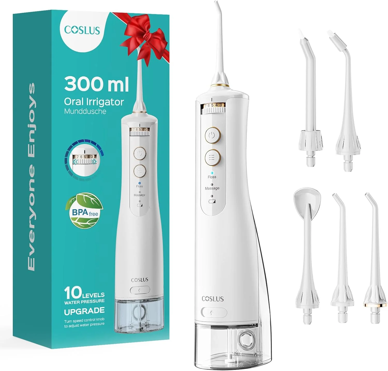 دستگاه شستشوی دهان و دندان COSLUS: نخ دندان آبی قابل حمل و بی سیم، حجم 300 میلی لیتر، قابل شارژ، مناسب مسافرت، تمیز کننده آبی، ضد آب IPX7، دستگاه نخ دندان برقی برای تمیز کردن دندان
