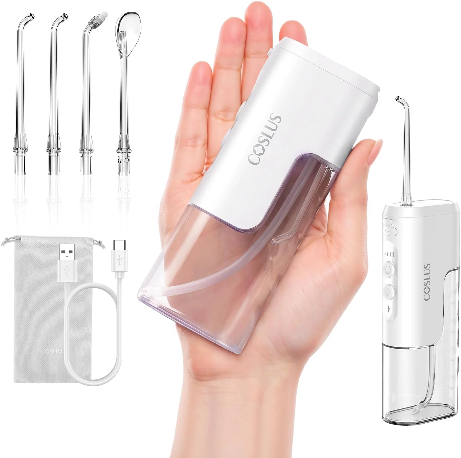 دستگاه پاک کننده دندان COSLUS: نخ دندان آبی کوچک و قابل حمل، نخ دندان مسافرتی برای تمیز کردن دندان با مخزن آب جداشدنی، قابلیت نگهداری سری ها، دستگاه آبیاری دهان و دندان ضد آب IPX7، سفید