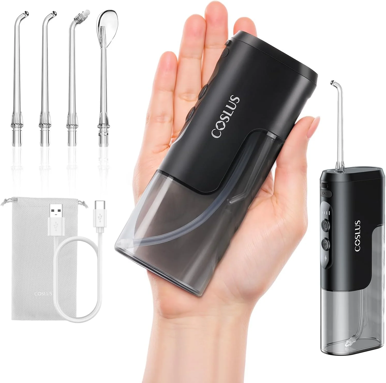 واتر فلاسر مسافرتی کوچک COSLUS: طراحی قابل حمل و جمع و جور، دستگاه آبیاری دهان و دندان بی سیم با 4 حالت، مخزن قابل جابجایی، ضد آب IPX7 برای استفاده در سفر برای ارتودنسی، دندان های حساس، مشکی، T40