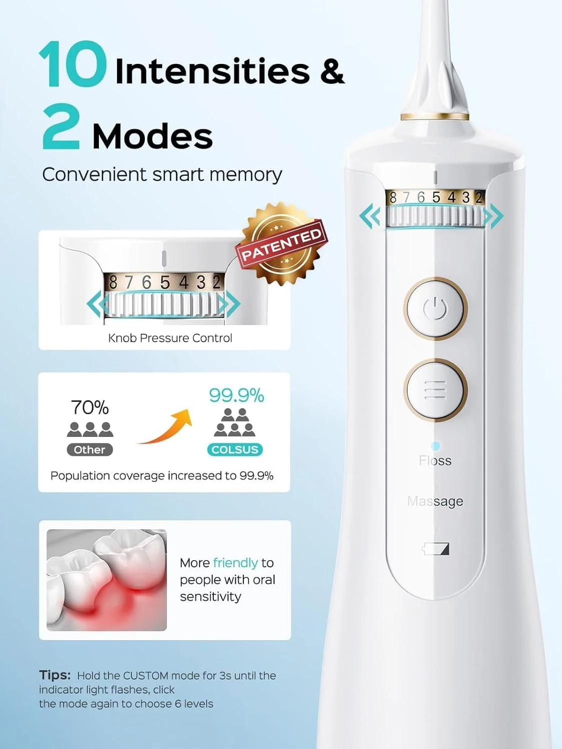 دستگاه شستشوی دهان و دندان COSLUS: نخ دندان آبی قابل حمل و بی سیم، حجم 300 میلی لیتر، قابل شارژ، مناسب مسافرت، تمیز کننده آبی، ضد آب IPX7، دستگاه نخ دندان برقی برای تمیز کردن دندان