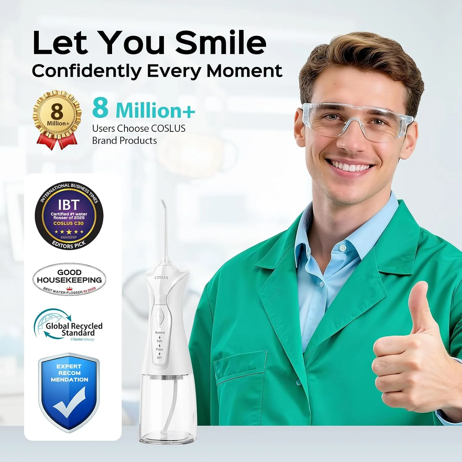 دستگاه پاک کننده دندان آبی COSLUS: 4 حالت بی سیم قابل حمل، مخزن بزرگتر 300 میلی لیتری، تمیز کننده دندان ضد آب IPX7 برای مسافرت و منزل مدل C30(FC5360)