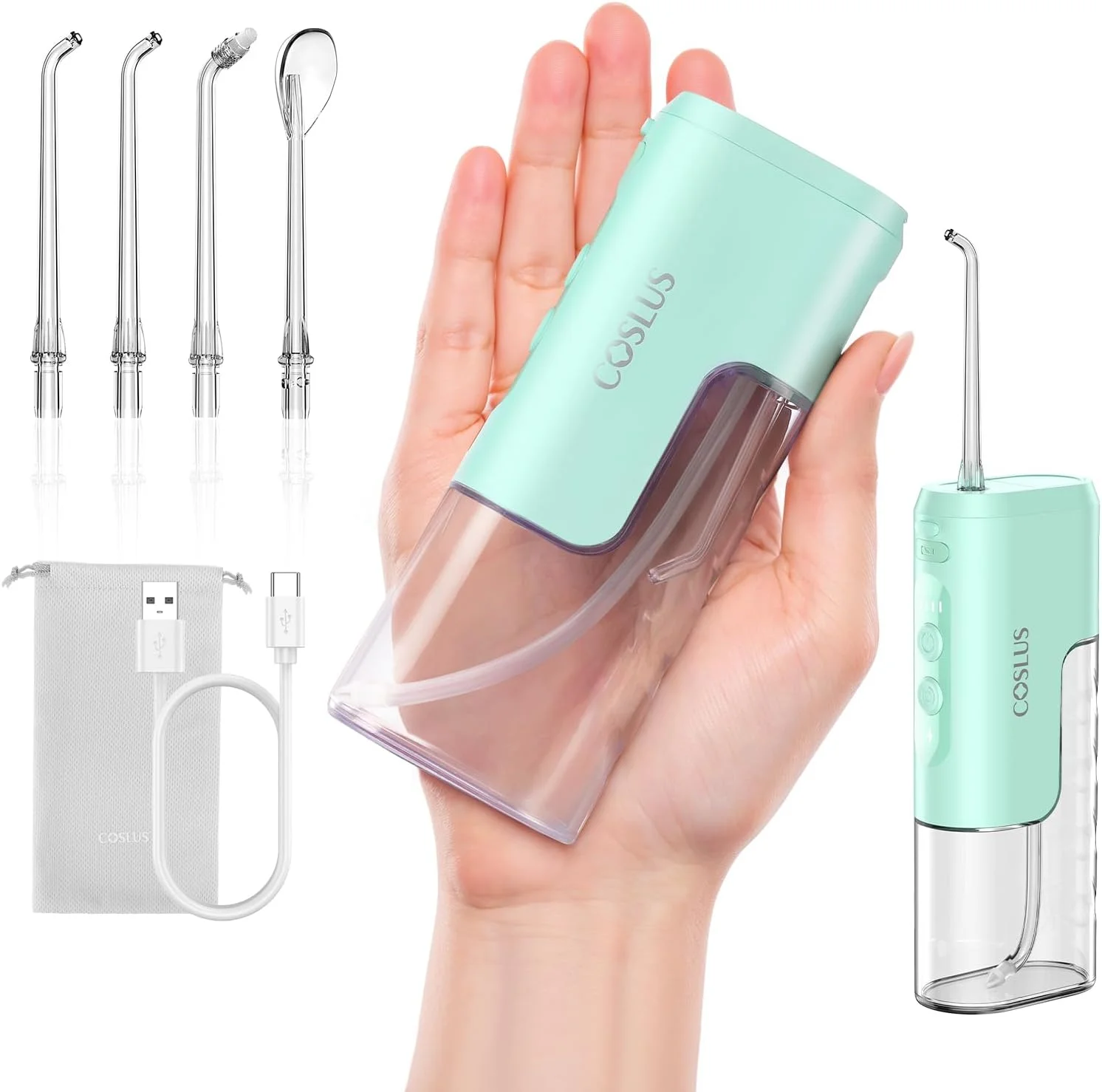 واتر فلاسر دندان COSLUS: مینی و قابل حمل، مناسب مسافرت، نخ دندان آبی، بدون سیم، برای تمیز کردن دندان، مخزن آب جداشدنی و قابلیت نگهداری سری ها، فلاسر برقی ضد آب IPX7، سبز