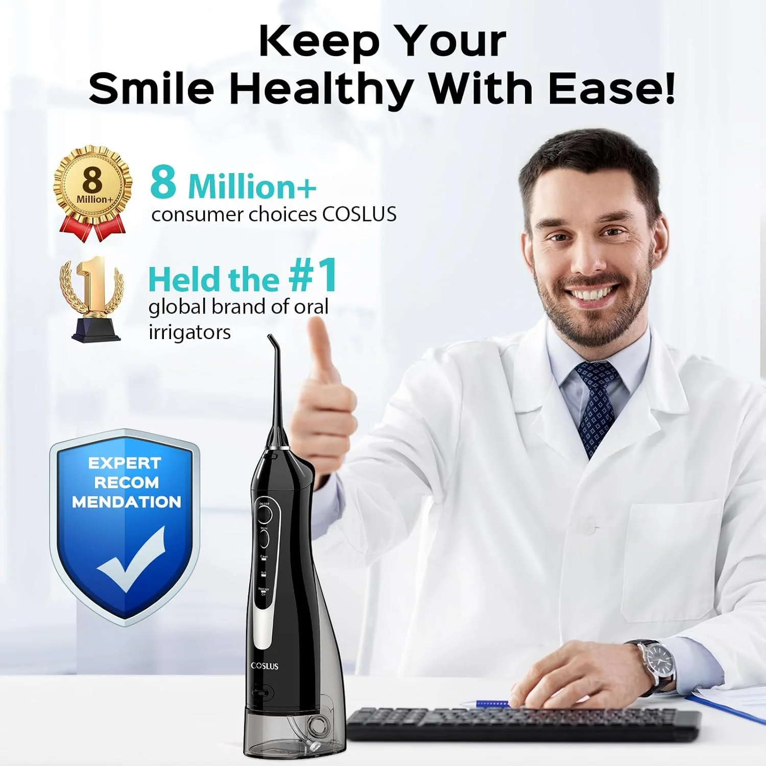 دستگاه شستشوی دهان COSLUS برای مراقبت از لثه، دستگاه آبیاری دهان حرفه ای، تمیز کننده عمیق، قابل شارژ، ضد آب، فاقد BPA، قابل حمل برای مسافرت، مشکی (مخزن آب تیره)