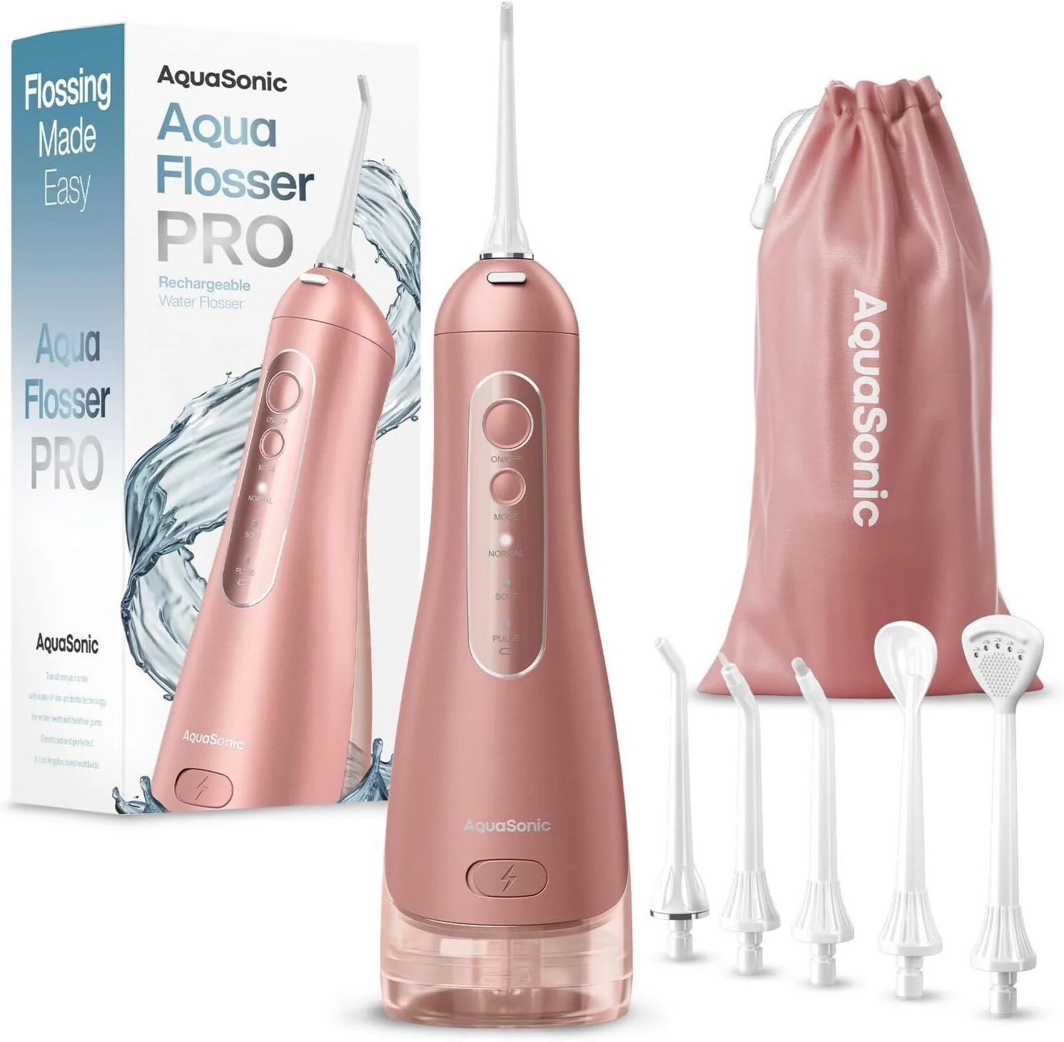 آب‌فشان آکواسونیک Aqua Flosser PRO - آب‌فشان بی‌سیم قابل شارژ برای دندان، لثه و زبان - طراحی مدرن، مخزن بزرگ 300 میلی‌لیتری، 6 سری جت با نازل زبان لوکس، 3 حالت، ضد آب رزگلد