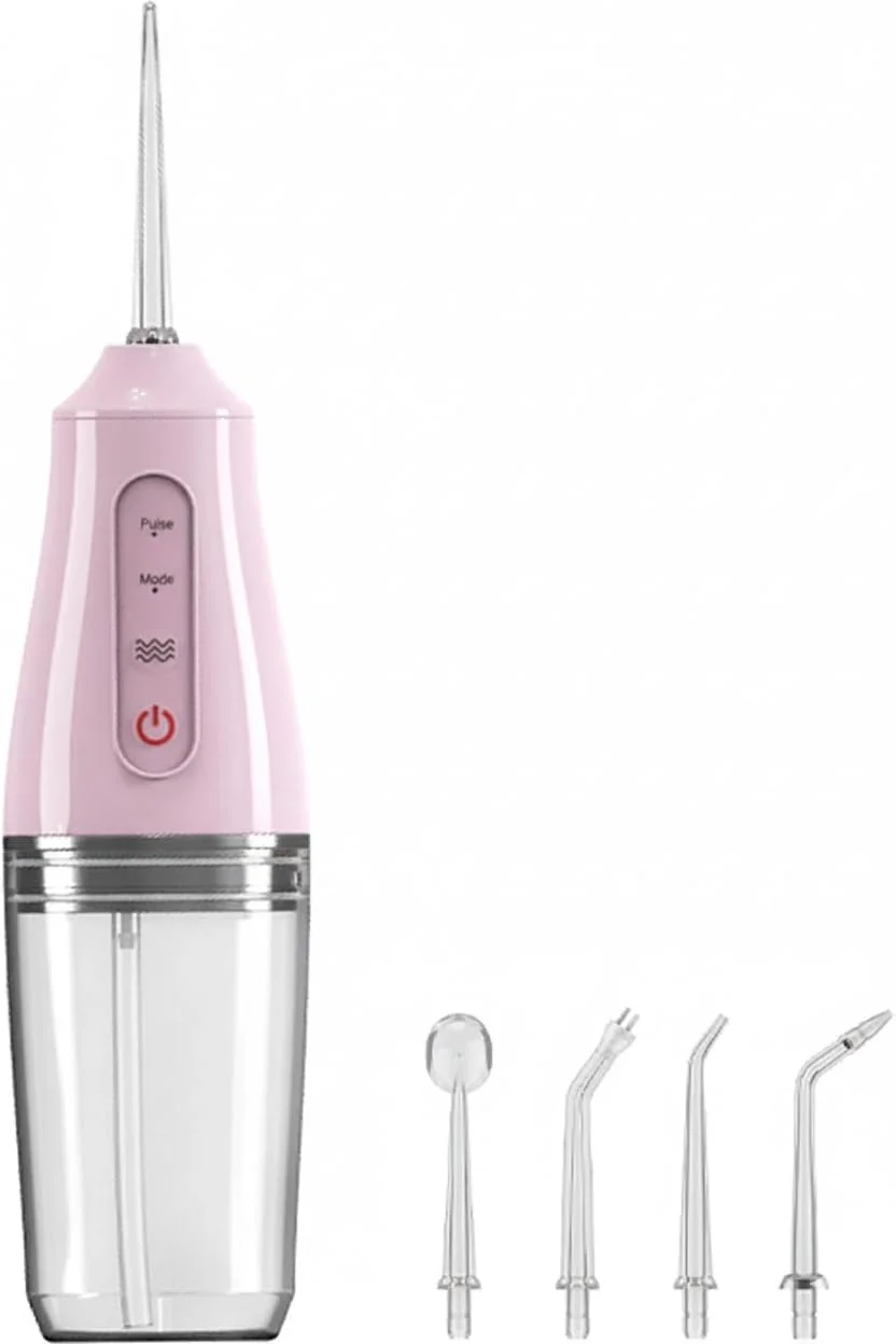 دستگاه شستشوی دهان برقی بی سیم، شارژی USB، تمیز کننده دندان با 4 نازل و 3 حالت فشار، تمیز کننده و سفید کننده دندان، 4 سری جت ضد آب IPX7 (صورتی)