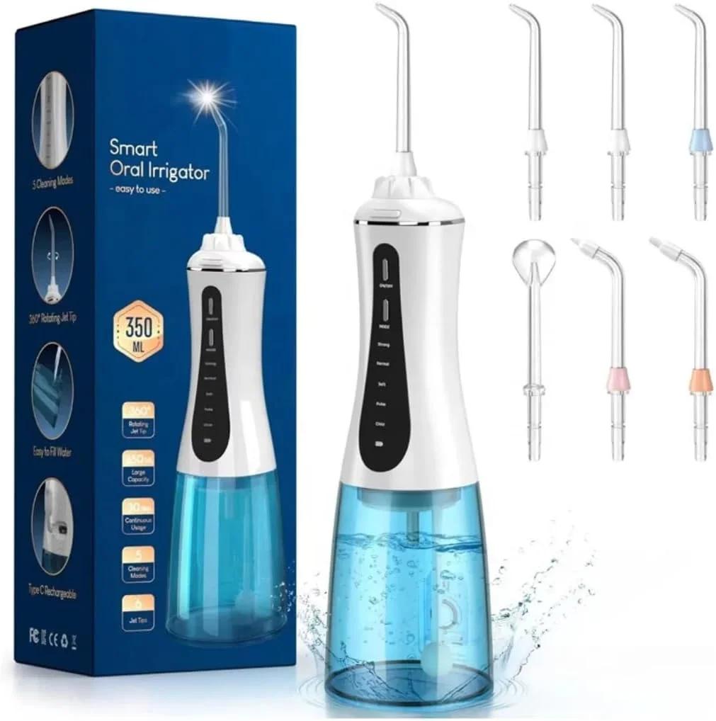 دستگاه آبیاری دهان هوشمند، نخ دندان آبی حرفه ای با مخزن 350 میلی لیتری، 5 حالت تمیز کردن و سری های جت متعدد، تمیز کننده دندان شارژی بی سیم برای دندان ها و لثه