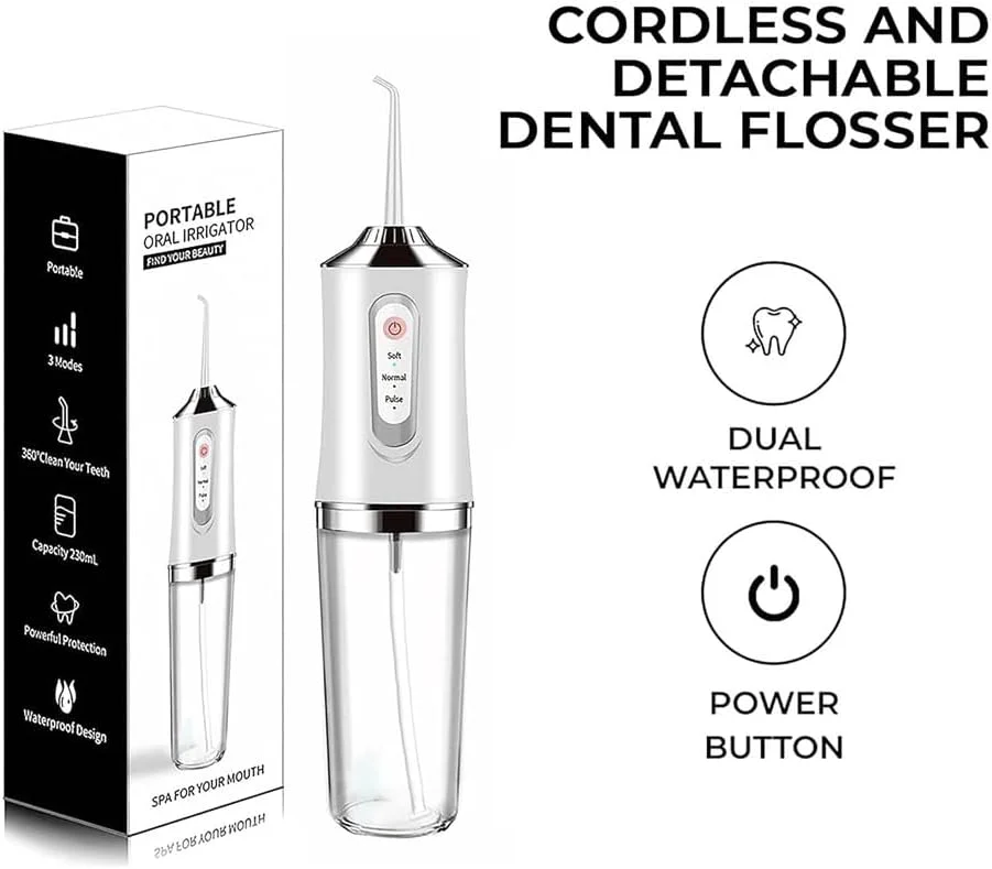 واتر فلاسر بی‌سیم، 3 حالت، دستگاه آبیاری دهان قابل حمل با 4 سری جت، قابل شارژ