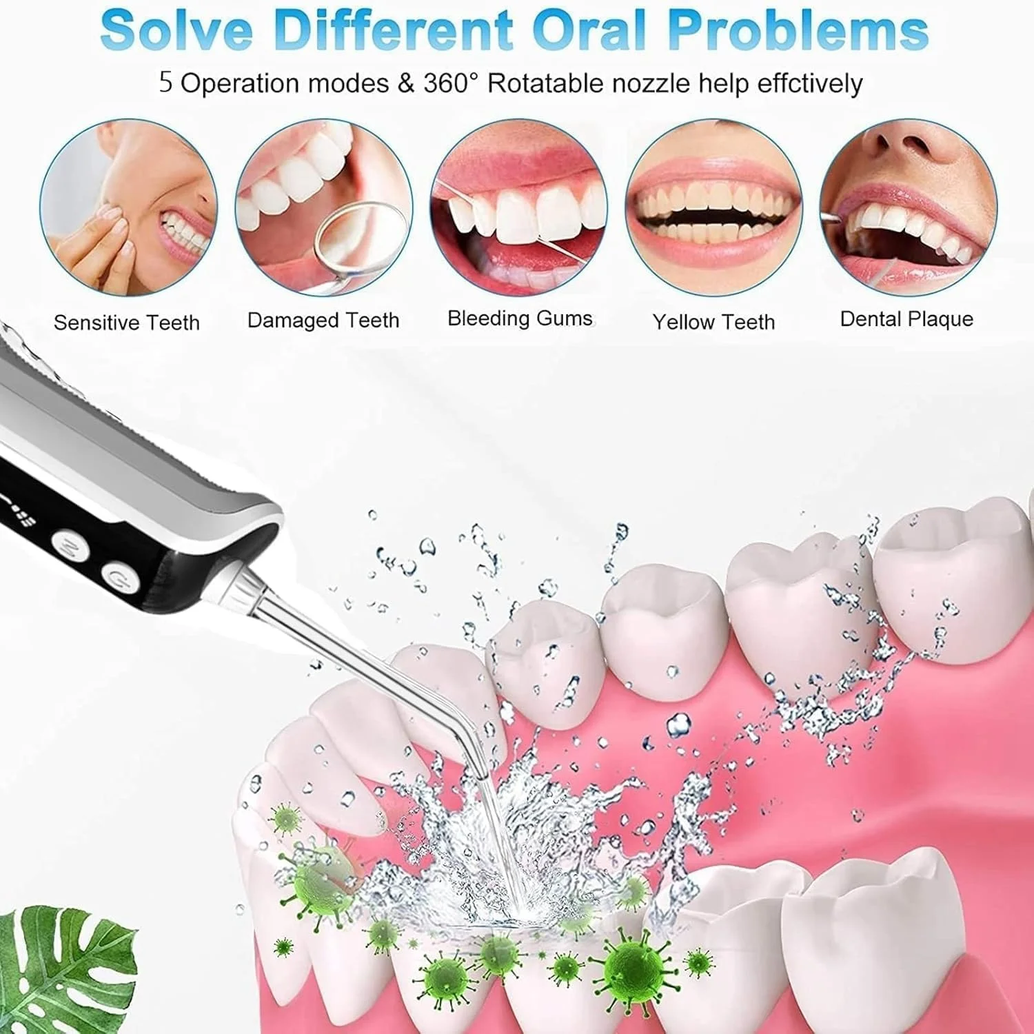دستگاه نخ دندان آبی بی سیم قابل حمل MK Donsons برای تمیز کردن دندان - دستگاه آبیاری دهان قابل شارژ با 5 حالت، 4 سری جت، ضد آب IPX7، دستگاه نخ دندان فشرده (مشکی)