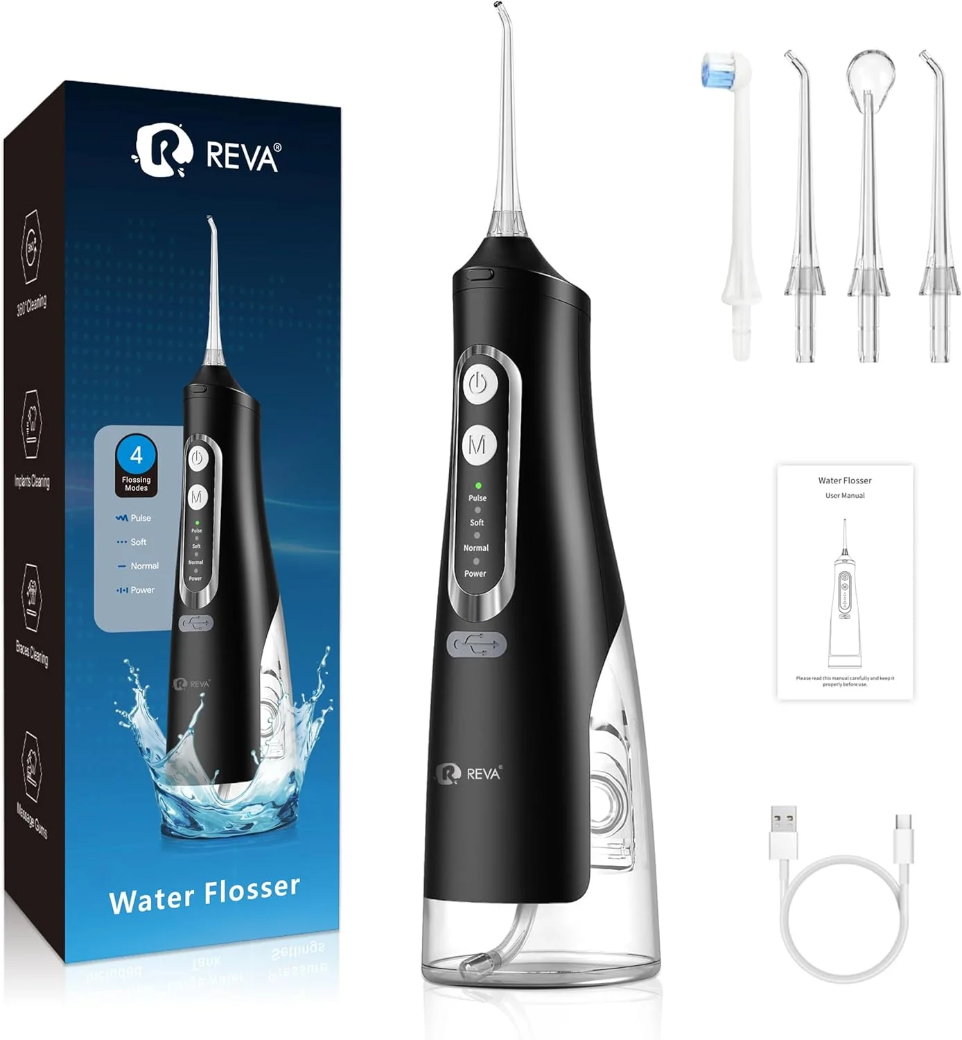 واتر فلاسر دندان بی سیم R REVA برای دندان، لثه و ارتودنسی - دستگاه آبیاری دهان برقی 310 میلی لیتر، 4 حالت، قابل شارژ، 4 سری جت، حافظه هوشمند، نازل 360 درجه، ضد آب IPX7 و کم صدا (M209 - مشکی) واتر فلاسر دندان بی سیم R REVA برای دندان، لثه و ارتودنسی - دستگاه آبیاری دهان برقی 310 میلی لیتر، 4 حالت، قابل شارژ، 4 سری جت، حافظه هوشمند، نازل 360 درجه، ضد آب IPX7 و کم صدا (M209 - مشکی)