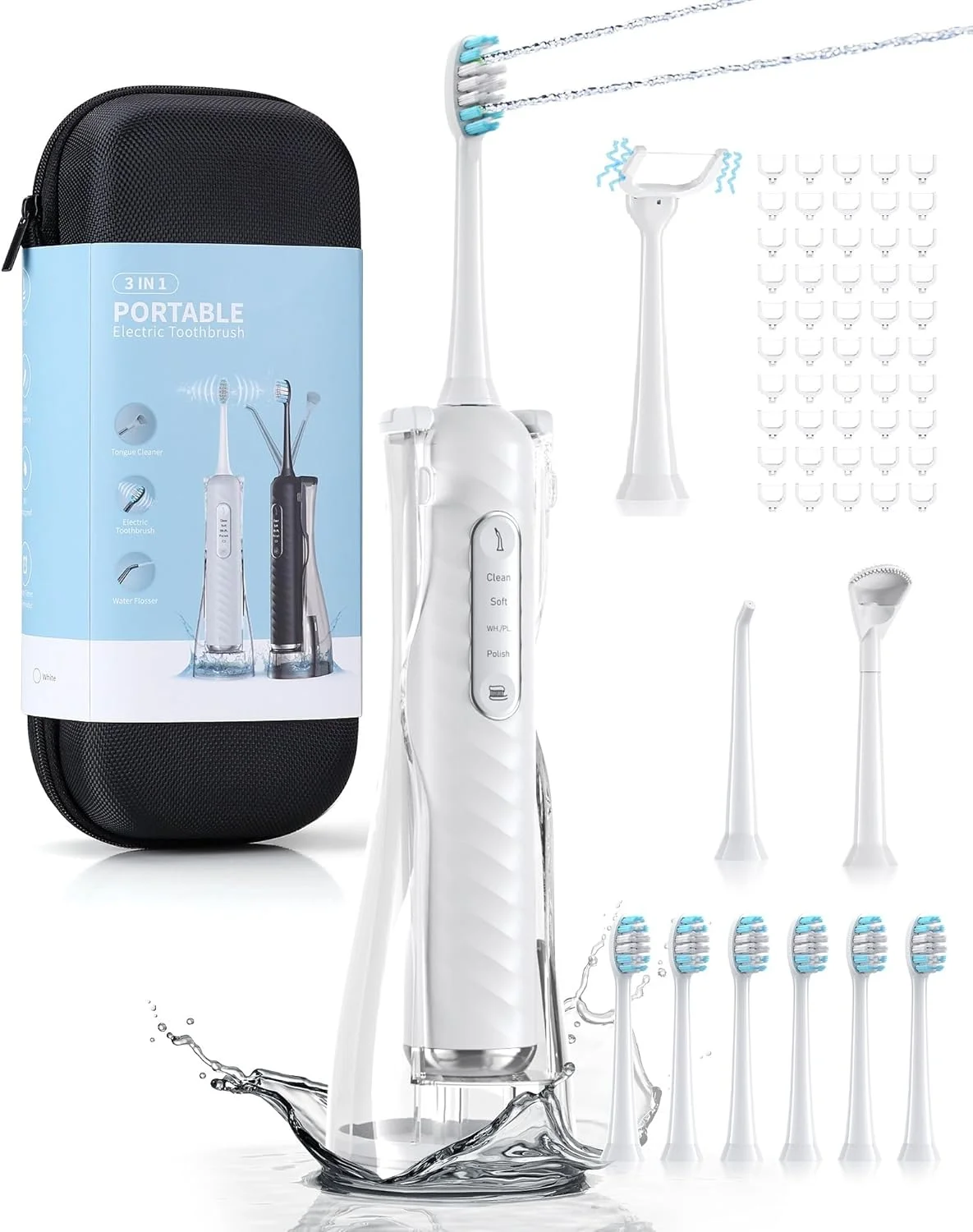 مسواک برقی با نخ دندان آبی، ست 4 در 1 مسواک شارژی و نخ دندان آبی برای مصارف و نیازهای مختلف، مسواک نخ دندان قابل حمل برای مسافرت و خانه، سفید مسواک برقی با نخ دندان آبی، ست 4 در 1 مسواک شارژی و نخ دندان آبی برای مصارف و نیازهای مختلف، مسواک نخ دندان قابل حمل برای مسافرت و خانه، سفید