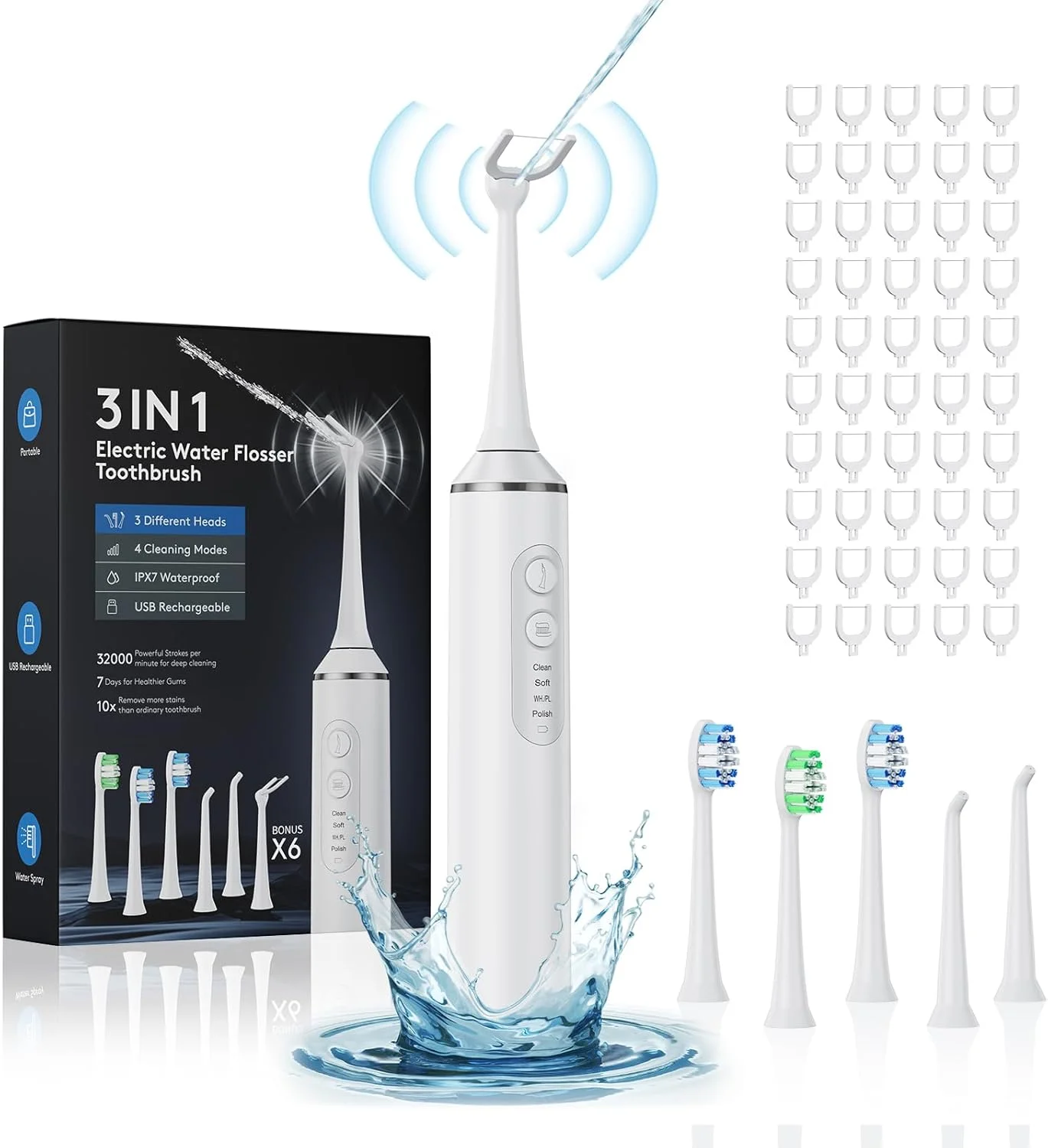نخ دندان برقی برای دندان | نخ دندان آبی 3 در 1، مسواک و نخ دندان آبی با 4 حالت، نخ دندان برقی بی سیم با 50 سری تعویضی برای بزرگسالان (سفید)