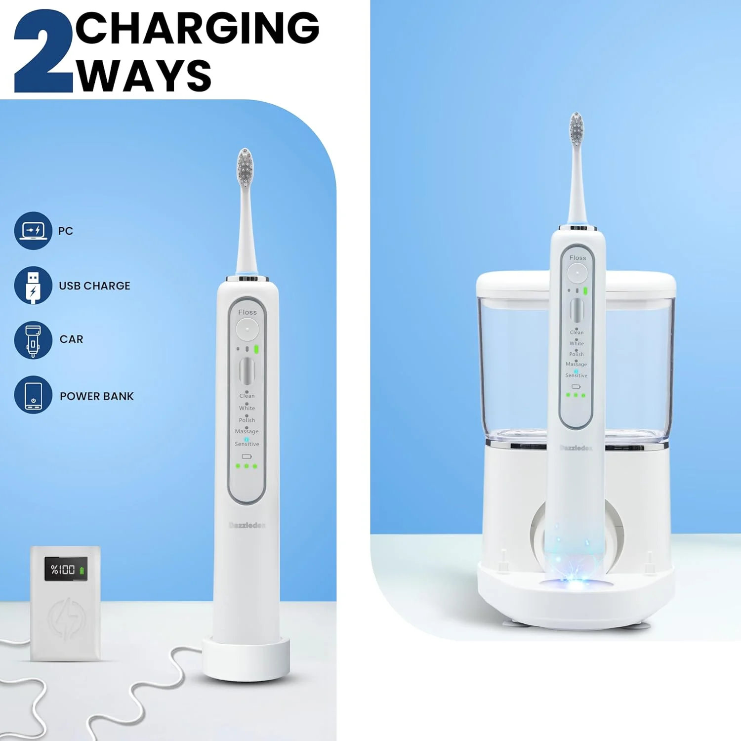 مسواک برقی و نخ دندان آبی - نخ دندان آبی برای تمیز کردن دندان ها، برس برقی با 5 سری برس جایگزین، 5 حالت برس، 500 میلی لیتر، برس دندان نخ دندان 3 در 1