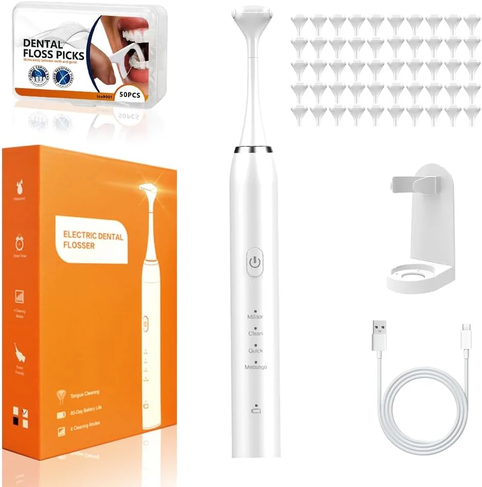 نخ دندان برقی برای دندان، نخ دندان برقی با 50 سری تعویضی، 4 حالت تمیز کردن، نخ دندان آسان برای مراقبت ملایم از لثه، نخ دندان برقی قابل شارژ و تمیز کننده زبان، جایگزین نخ دندان آبی