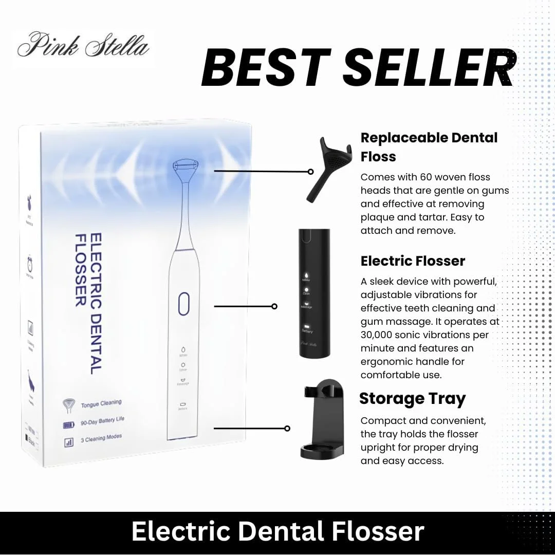 نخ دندان برقی | جرم گیر زبان | ماساژور و تحریک کننده لثه برای بزرگسالان و کودکان | 60 سری نخ دندان قابل استفاده مجدد | جایگزین بهتر برای نخ دندان آبی