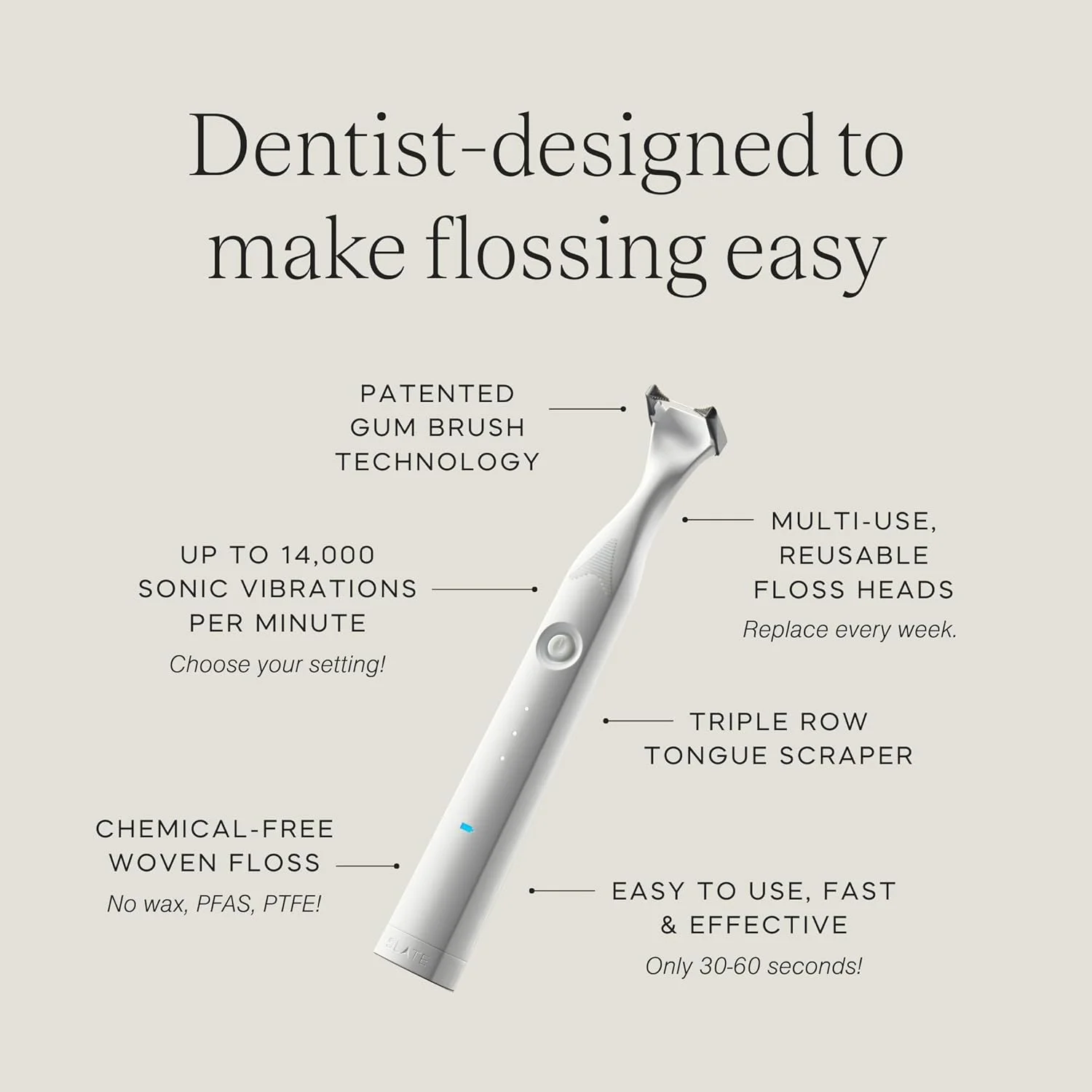 نخ دندان برقی اسلیت - مجموعه شروع | اختراع دندانپزشک، 3 در 1 با سرهای نخ دندان قابل استفاده مجدد، برس های لثه و زبان شوی | موثرتر از نخ دندان معمولی یا آبی