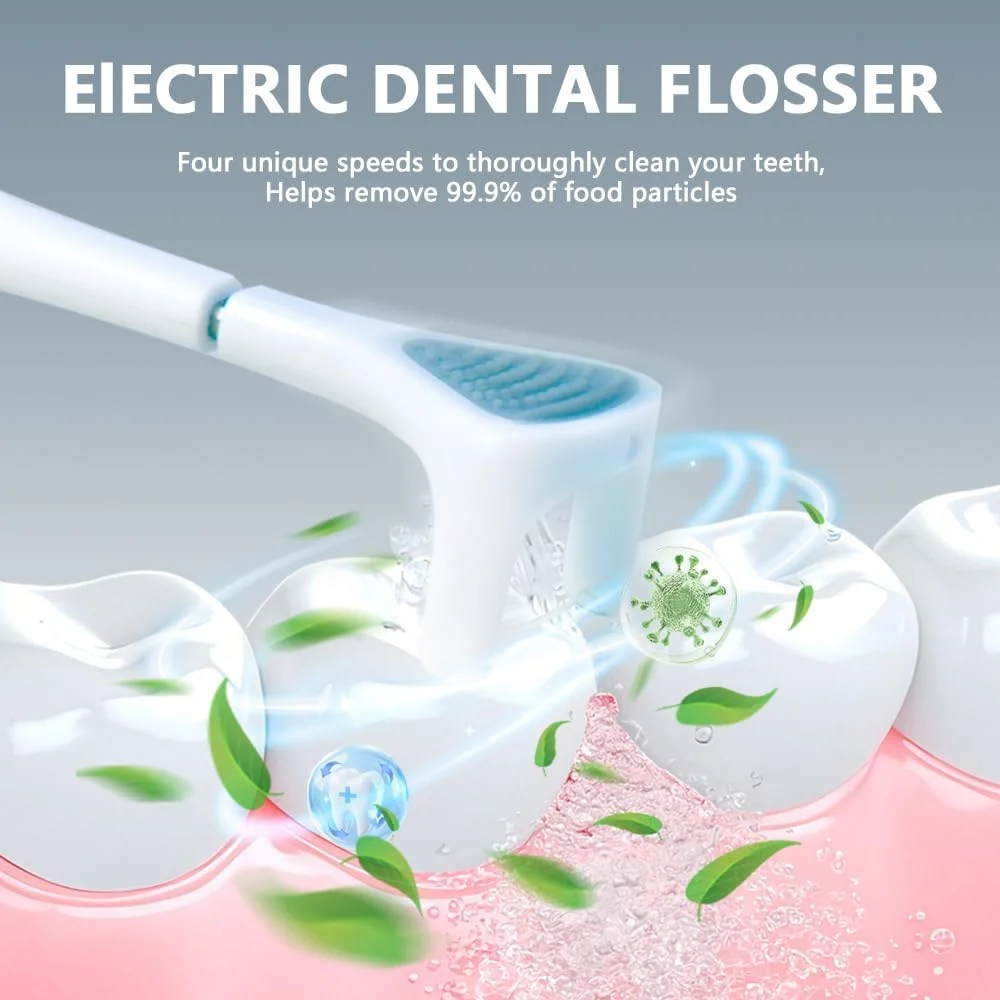 نخ دندان برقی برای دندان، نخ دندان برقی با 50 سری تعویضی، 4 حالت تمیز کردن، نخ دندان آسان برای مراقبت ملایم از لثه، نخ دندان برقی قابل شارژ و تمیز کننده زبان، جایگزین نخ دندان آبی