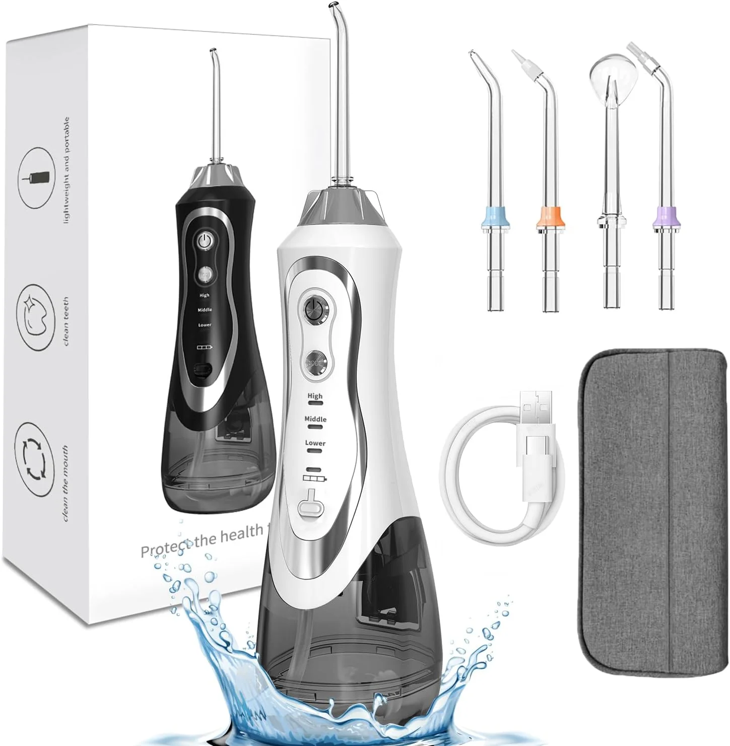 دستگاه شستشوی دهان و دندان ایویستر - نخ دندان آبی بی سیم 300 میلی لیتر با 4 سری جت - تمیز کننده برقی دندان مناسب منزل، مسافرت یا حمام کوچک (سفید)