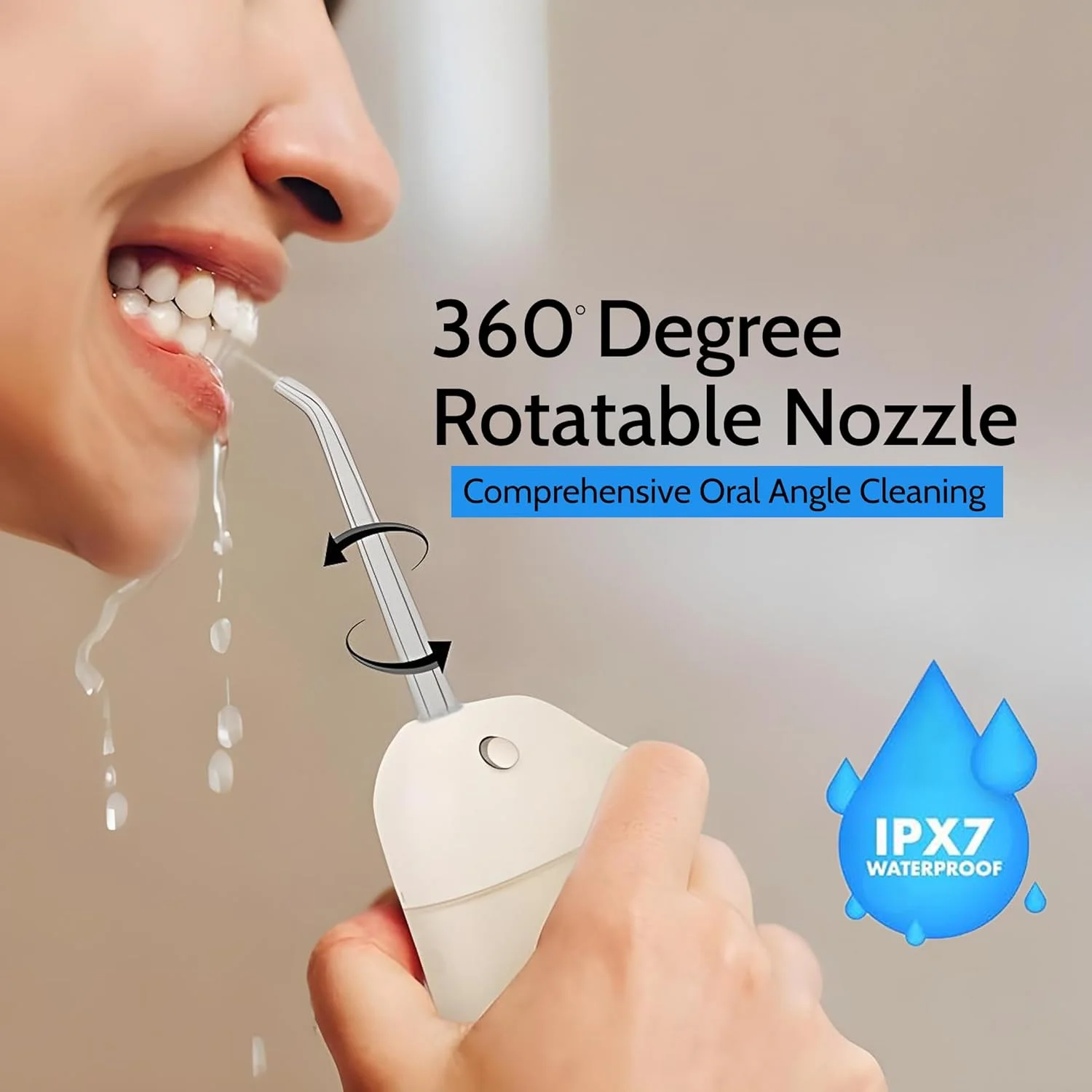 نخ دندان آبی بدون سیم اپسیلون برای دندان، لثه، ارتودنسی، مراقبت از دندان به همراه کیف مسافرتی 150 میلی لیتر - 4 حالت سرعت، نازل چرخان 360 درجه، دستگاه نخ دندان آبی برقی قابل حمل و ضد آب IPX7