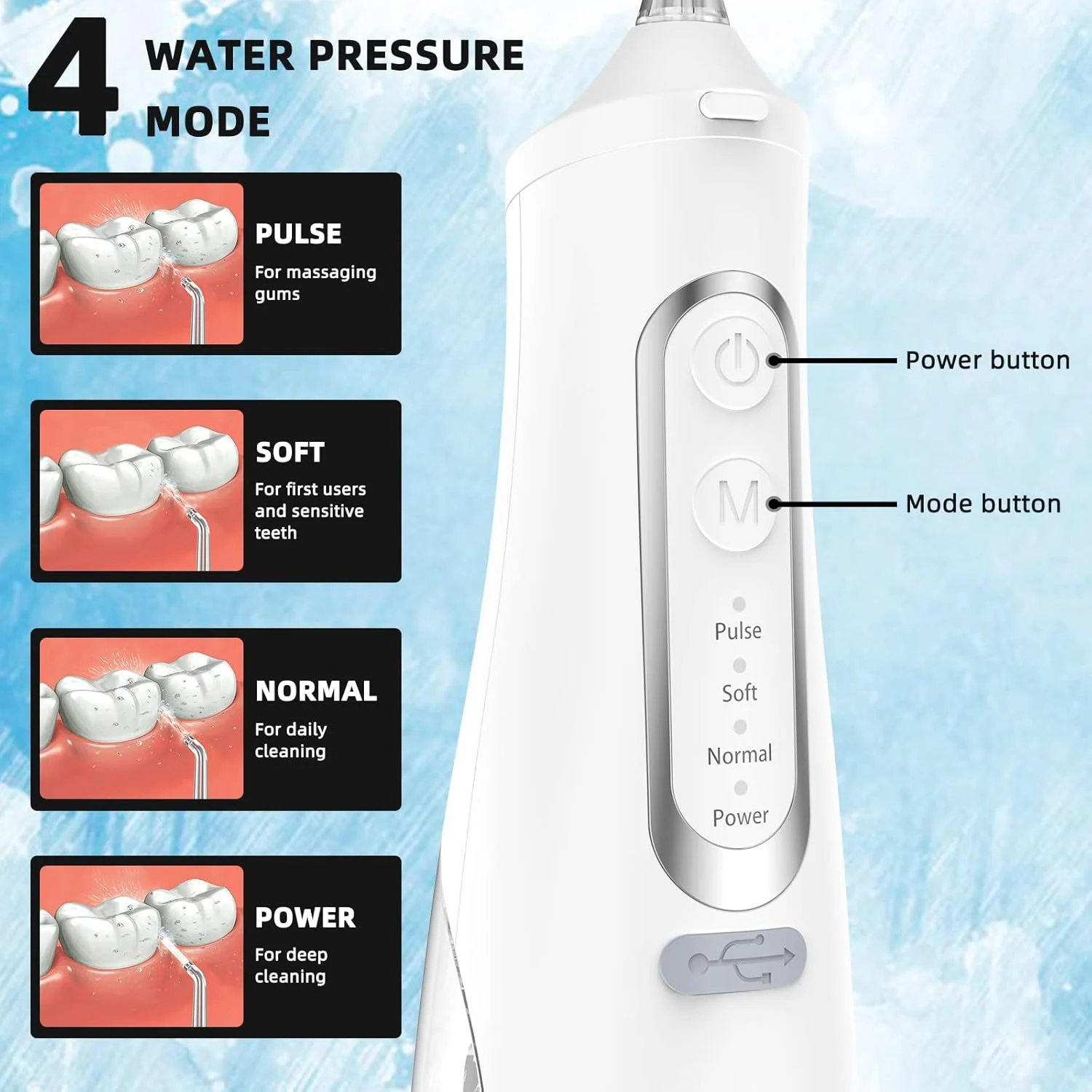 دستگاه شستشوی دهان و دندان با 4 حالت، قابل شارژ، دارای 4 سری، باتری قدرتمند، انتخاب دندانپزشکی آبی IPX7