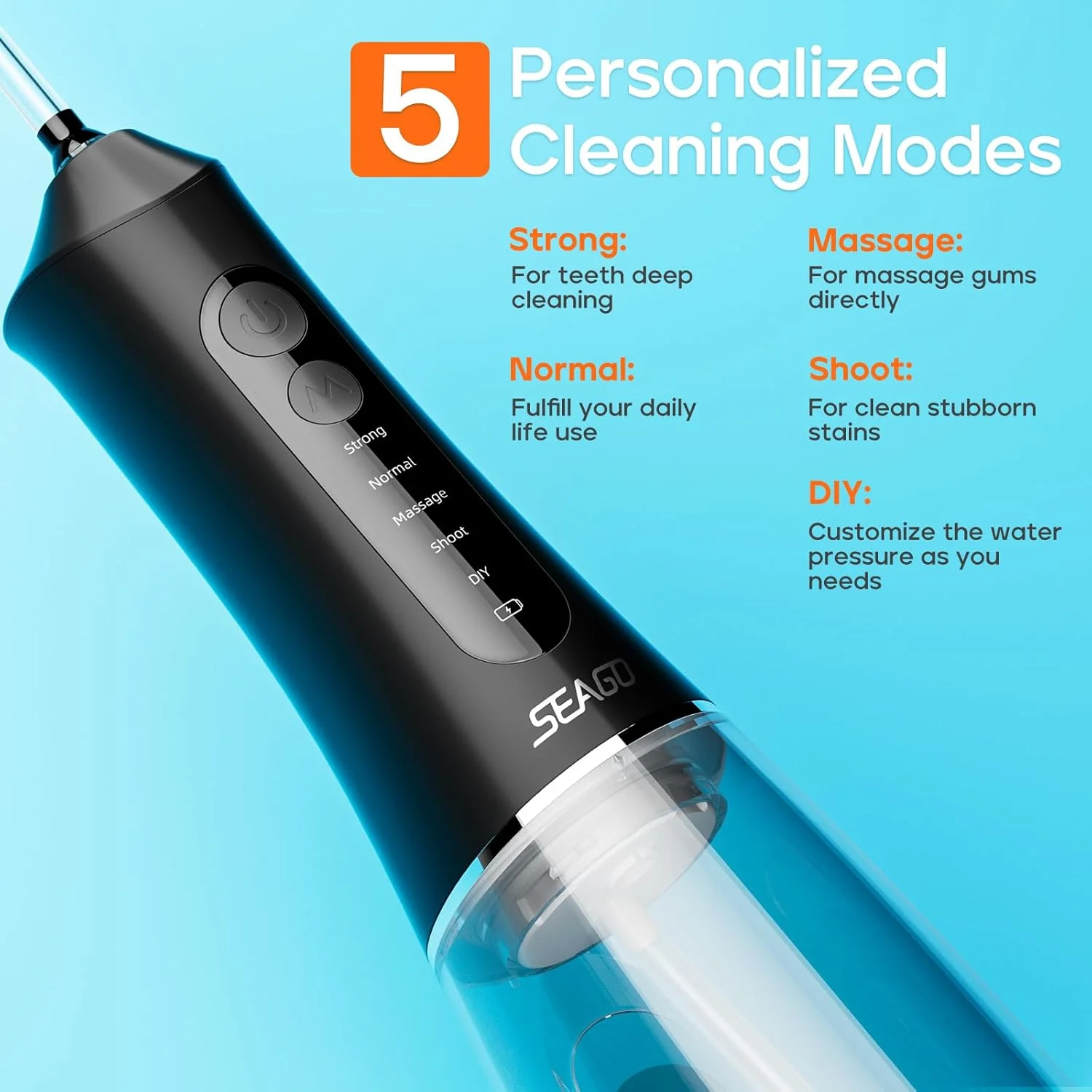 دستگاه نخ دندان آبی بی سیم SEAGO برای دندان، 5 حالت و 7 نازل، نخ دندان آبی 300 میلی لیتر، عملکرد حافظه حالت DIY، ضد آب IPX7، مدل SG8019 مشکی