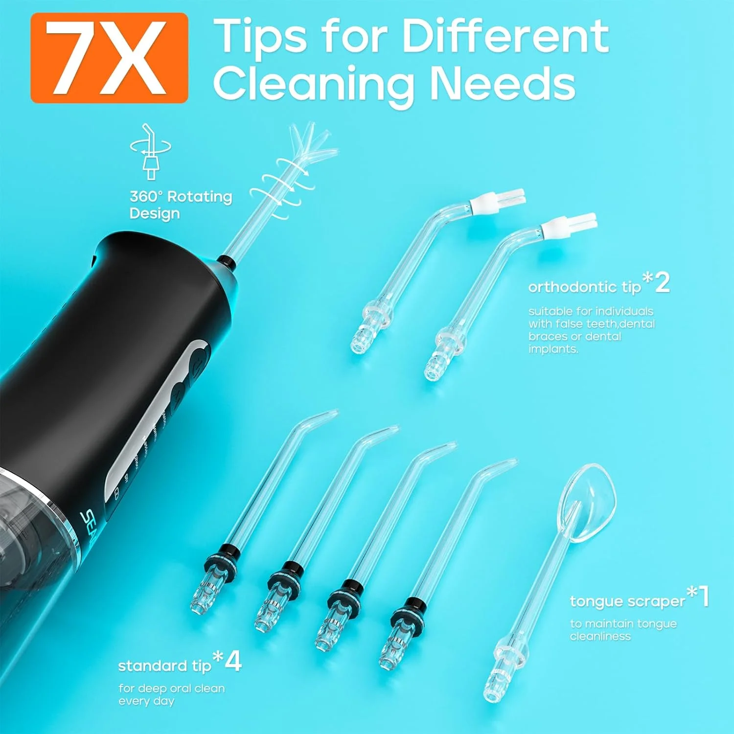 دستگاه نخ دندان آبی بی سیم SEAGO برای دندان، 5 حالت و 7 نازل، نخ دندان آبی 300 میلی لیتر، عملکرد حافظه حالت DIY، ضد آب IPX7، مدل SG8019 مشکی