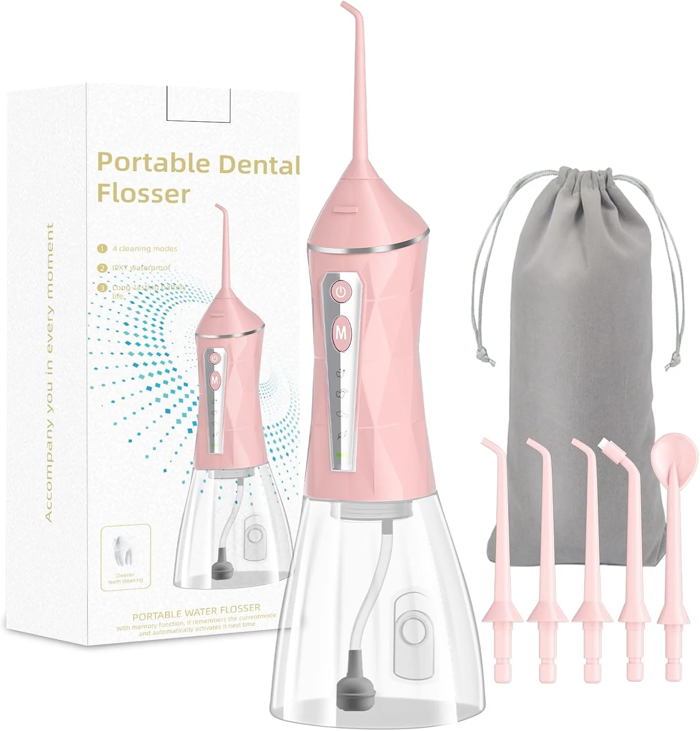 واتر فلاسر دندان، 4 حالت، مخزن بزرگ 320 میلی لیتری قابل حمل، تمیز کننده دهان IPX7 ضد آب برای مسافرت و منزل (صورتی)