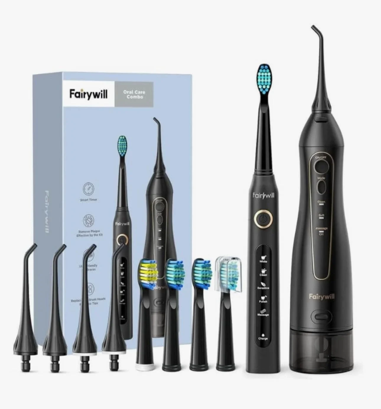 مجموعه مسواک برقی و نخ دندان آبی برای بزرگسالان، مناسب برای ارتودنسی و بریج - دارای 5 حالت شستشوی آبی، مسواک صوتی با 40000 وی‌پی‌ام، مخزن 300 میلی‌لیتری، باتری 30 روزه، قابل شارژ با USB، مناسب برای مسافرت