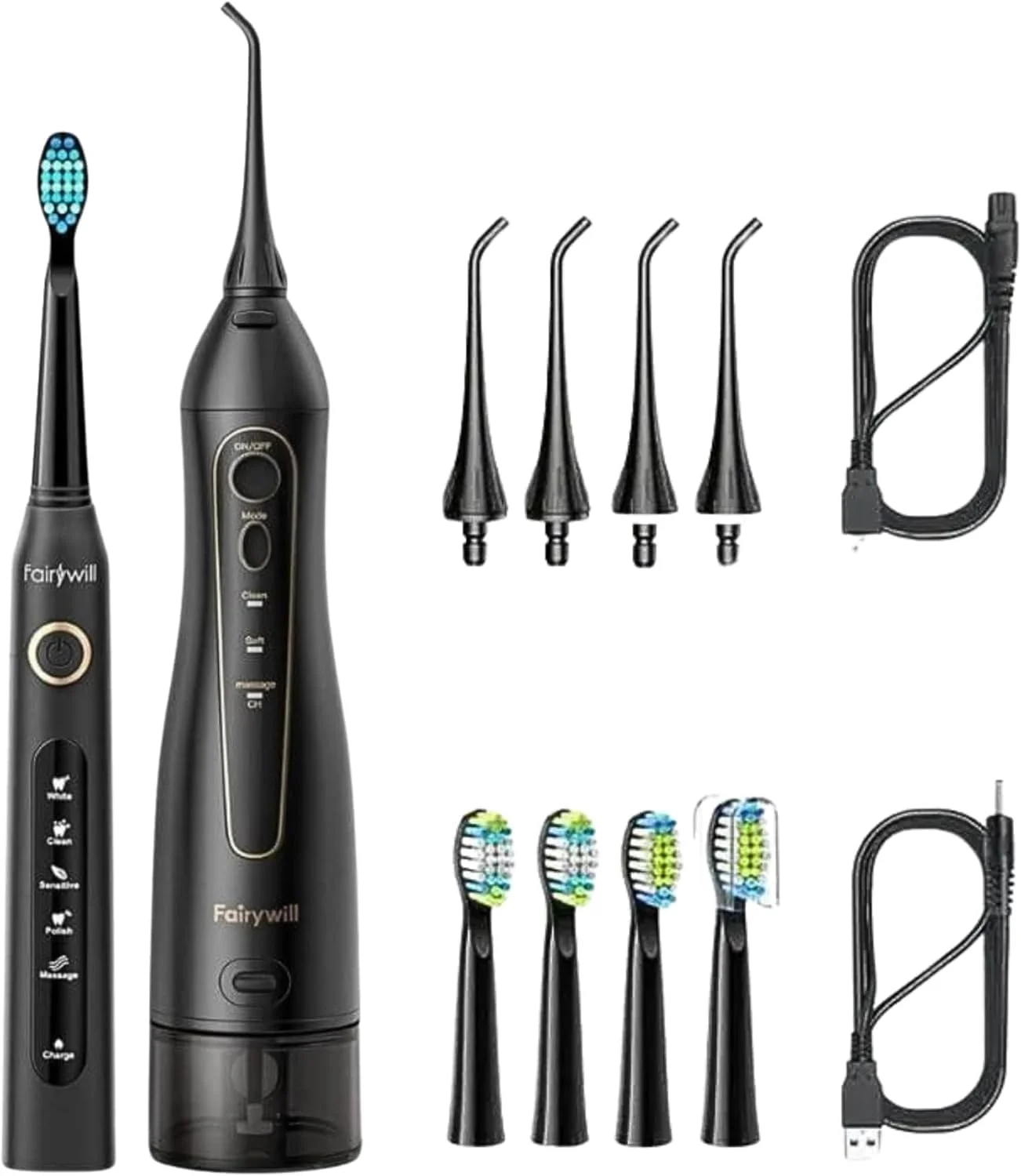 مجموعه مسواک برقی و نخ دندان آبی برای بزرگسالان، مناسب برای ارتودنسی و بریج - دارای 5 حالت شستشوی آبی، مسواک صوتی با 40000 وی‌پی‌ام، مخزن 300 میلی‌لیتری، باتری 30 روزه، قابل شارژ با USB، مناسب برای مسافرت