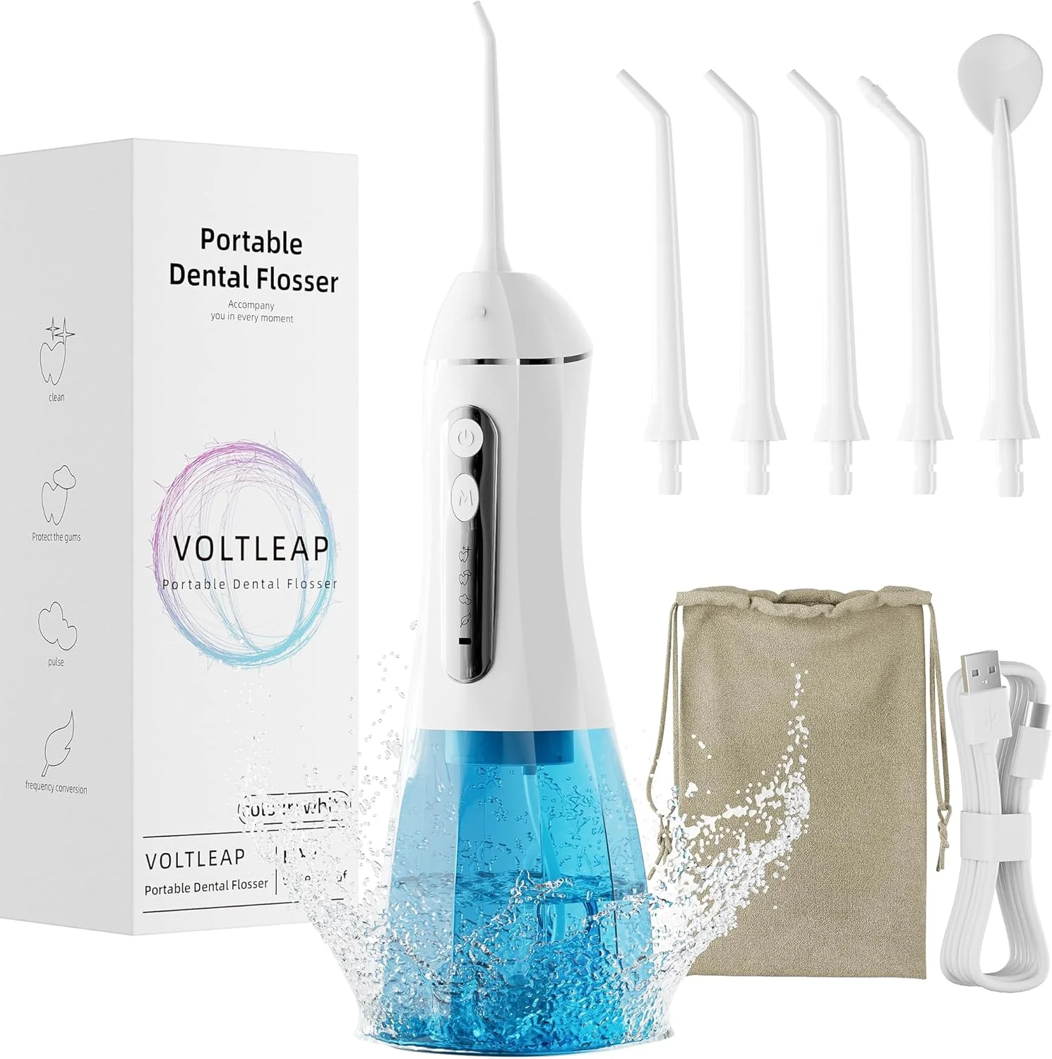 دستگاه نخ دندان آبی برای دندان، نخ دندان برقی برای کودکان و بزرگسالان، دستگاه تمیز کننده دندان با آب، دستگاه نخ دندان قابل حمل سایز مسافرتی، کیف مسافرتی و 4 سری، ضد آب IPX7 - سفید