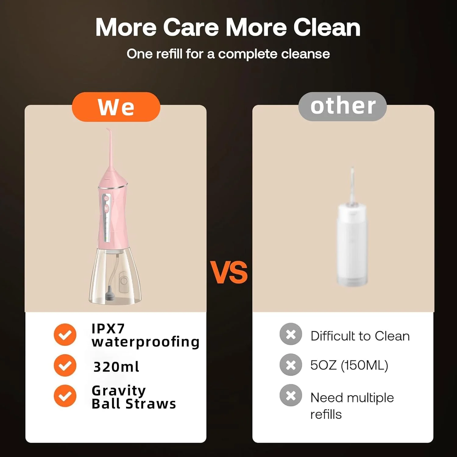 واتر فلاسر دندان، 4 حالت، مخزن بزرگ 320 میلی لیتری قابل حمل، تمیز کننده دهان IPX7 ضد آب برای مسافرت و منزل (صورتی)