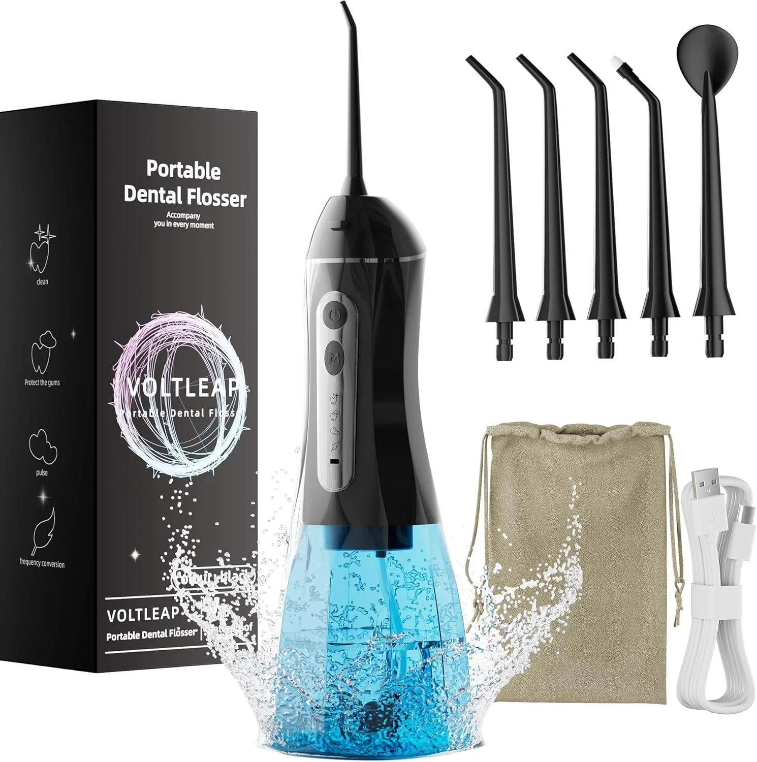 دستگاه نخ دندان آبی برای دندان، نخ دندان برقی برای بزرگسالان، دستگاه های انتخاب دندان آبی برای تمیز کردن و نخ دندان کشیدن، دستگاه های نخ دندان قابل حمل برای اندازه مسافرتی، کیف مسافرتی و 4 سری، ضد آب IPX7 - مشکی