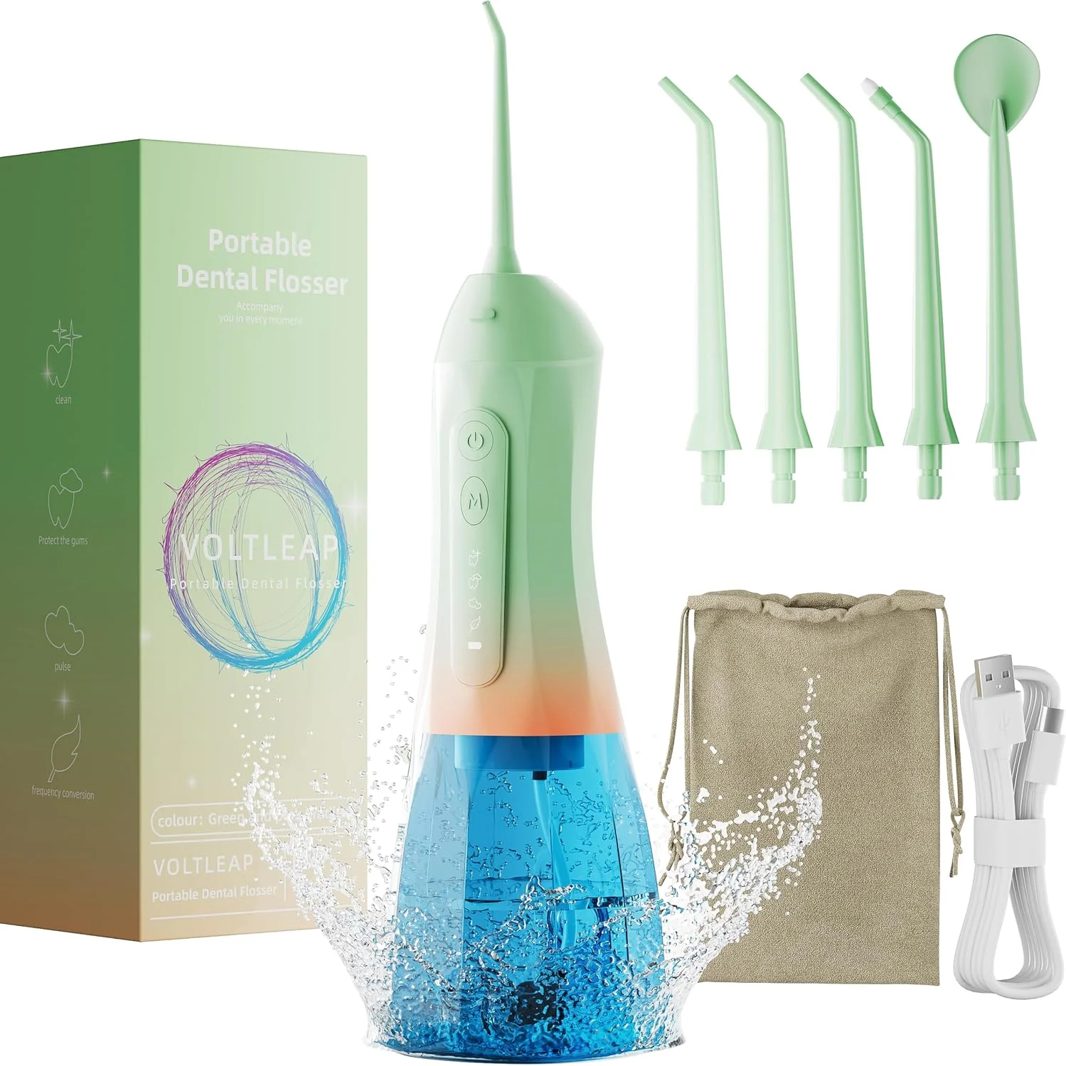 دستگاه نخ دندان آبی، نخ دندان برقی برای بزرگسالان و کودکان، پاک کننده و نخ دندان کشیدن دندان، دستگاه نخ دندان قابل حمل اندازه مسافرتی، لثه، مراقبت از دندان با کیف مسافرتی، ضد آب - سبز/صورتی