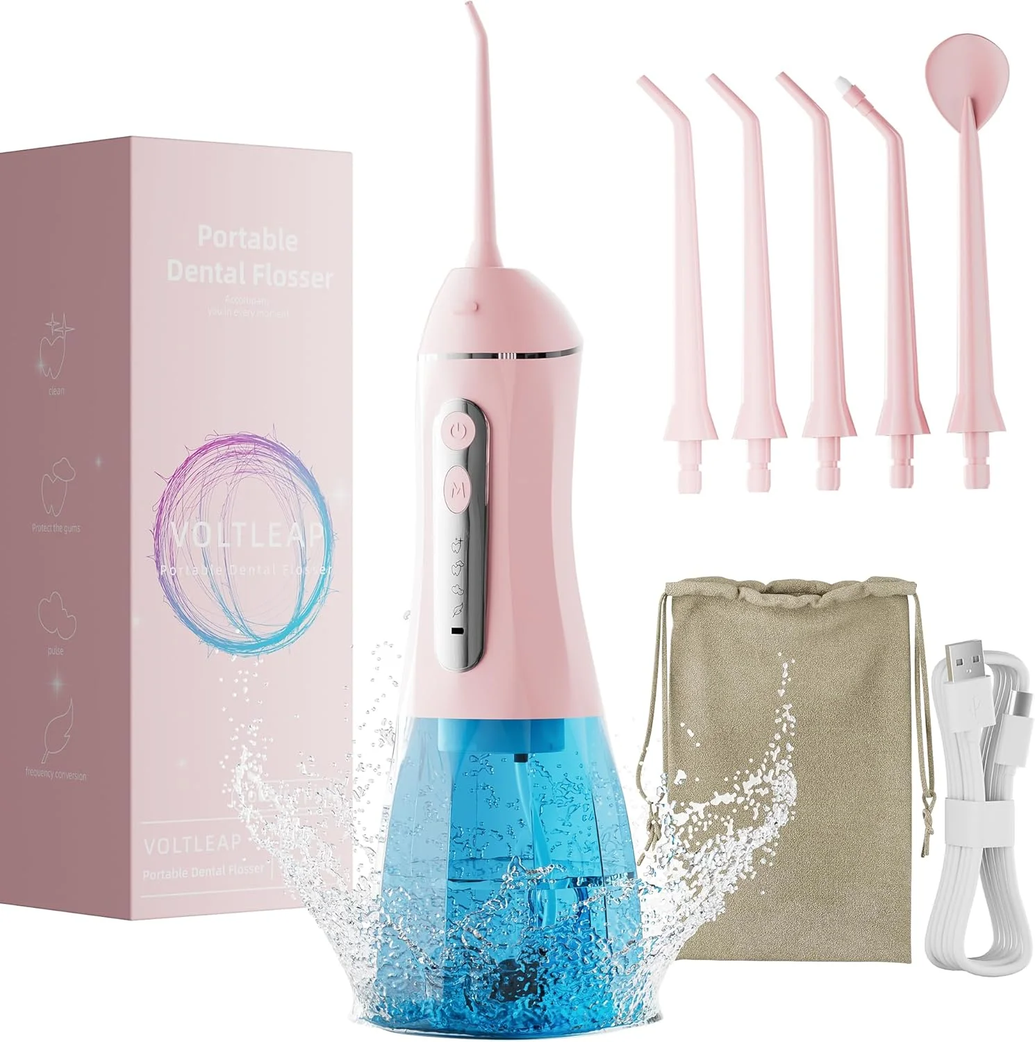 نخ دندان آبی برای دندان، نخ دندان برقی برای بزرگسالان، دستگاه پاک کننده دندان آبی برای تمیز کردن و نخ دندان کشیدن، دستگاه آبی قابل حمل و بی سیم مناسب سفر، کیف مسافرتی و 4 سری، ضد آب IPX7 - صورتی
