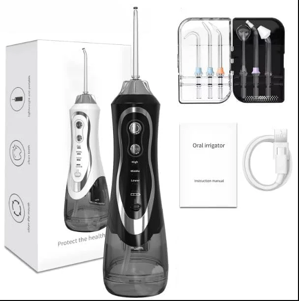 واتر فلاسر دندان عمومی با مخزن 300 میلی لیتری، 3 حالت، 4 نازل جت، قابل شارژ و ضد آب، مشکی