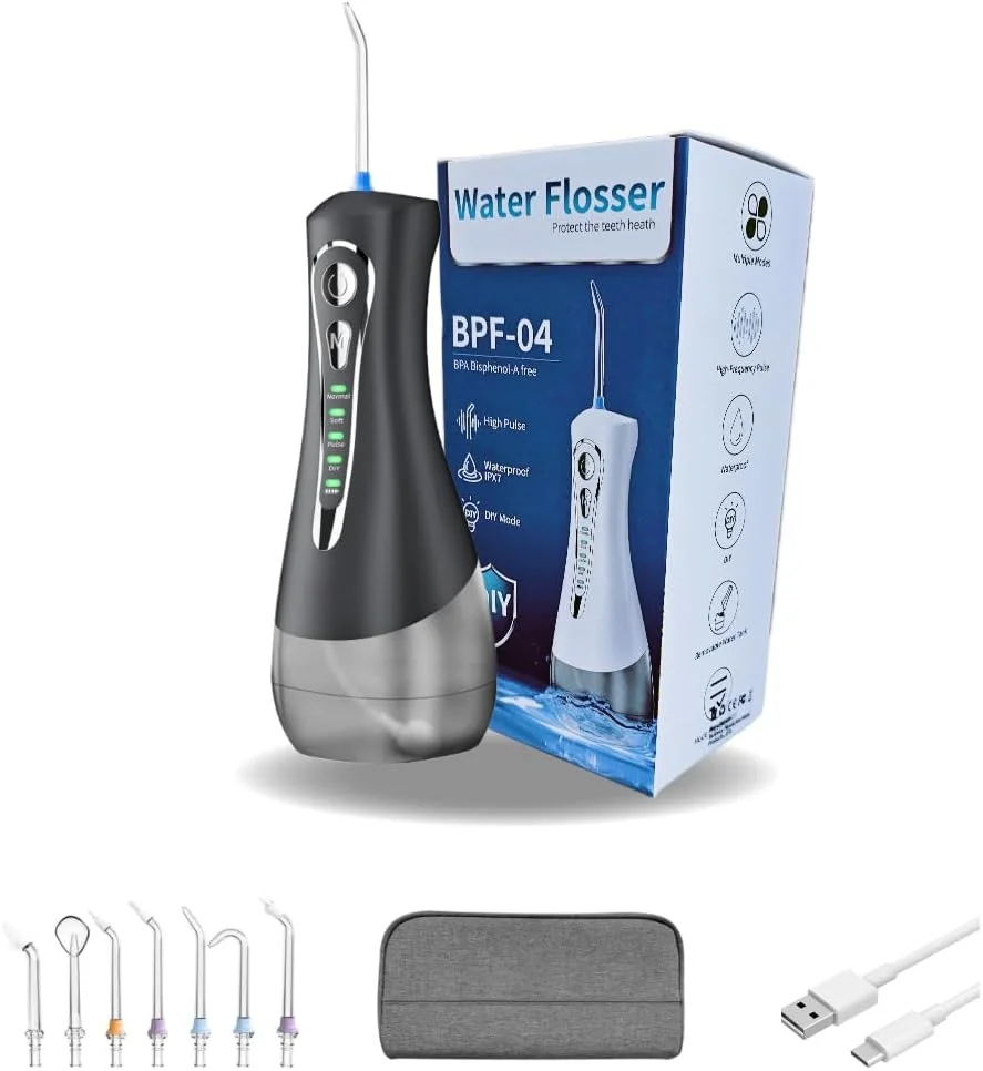 نسل جدید نخ دندان آبی بی‌سیم، دستگاه شستشوی دهان حرفه‌ای، ارتقا یافته 2024، ضدآب IPX7، با کیف مسافرتی و 7 سری جت، قابل شارژ برای خانه و مسافرت (نسخه مشکی)