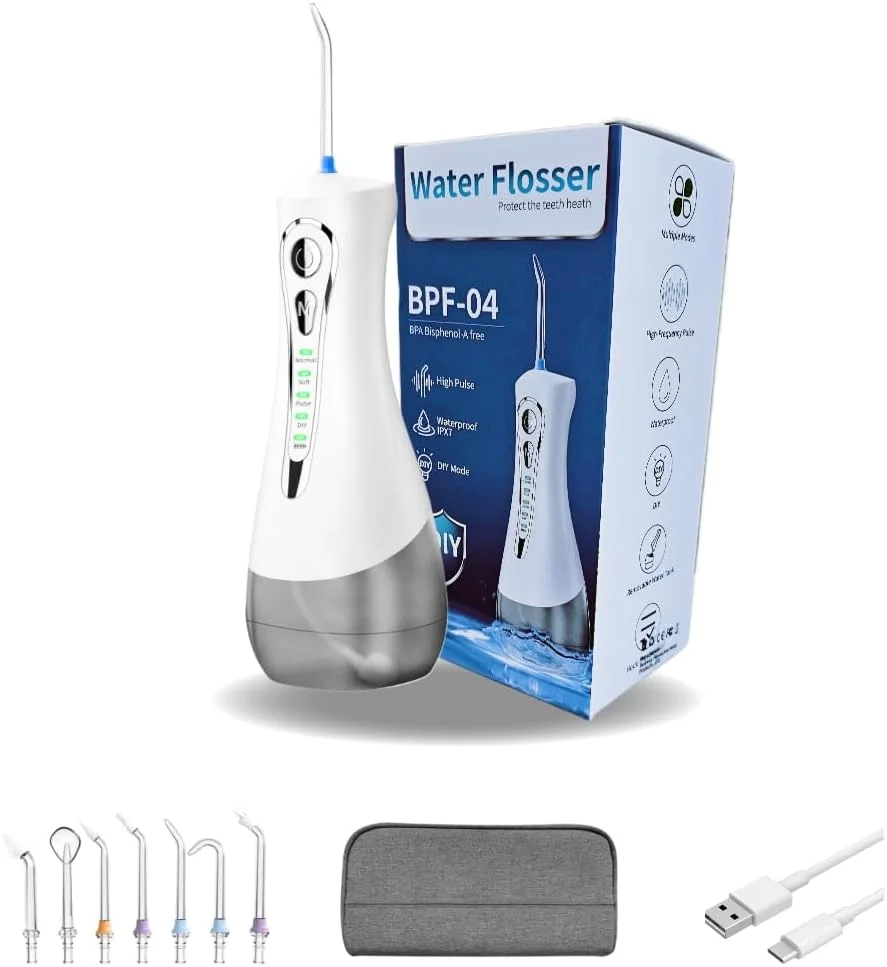 نسل جدید نخ دندان آبی بی سیم، دستگاه شستشوی دهان حرفه ای، نخ دندان برقی ارتقا یافته 2024 با استاندارد ضدآب IPX7، به همراه کیف مسافرتی و 7 نازل جت، قابل شارژ برای خانه و مسافرت (نسخه سفید)