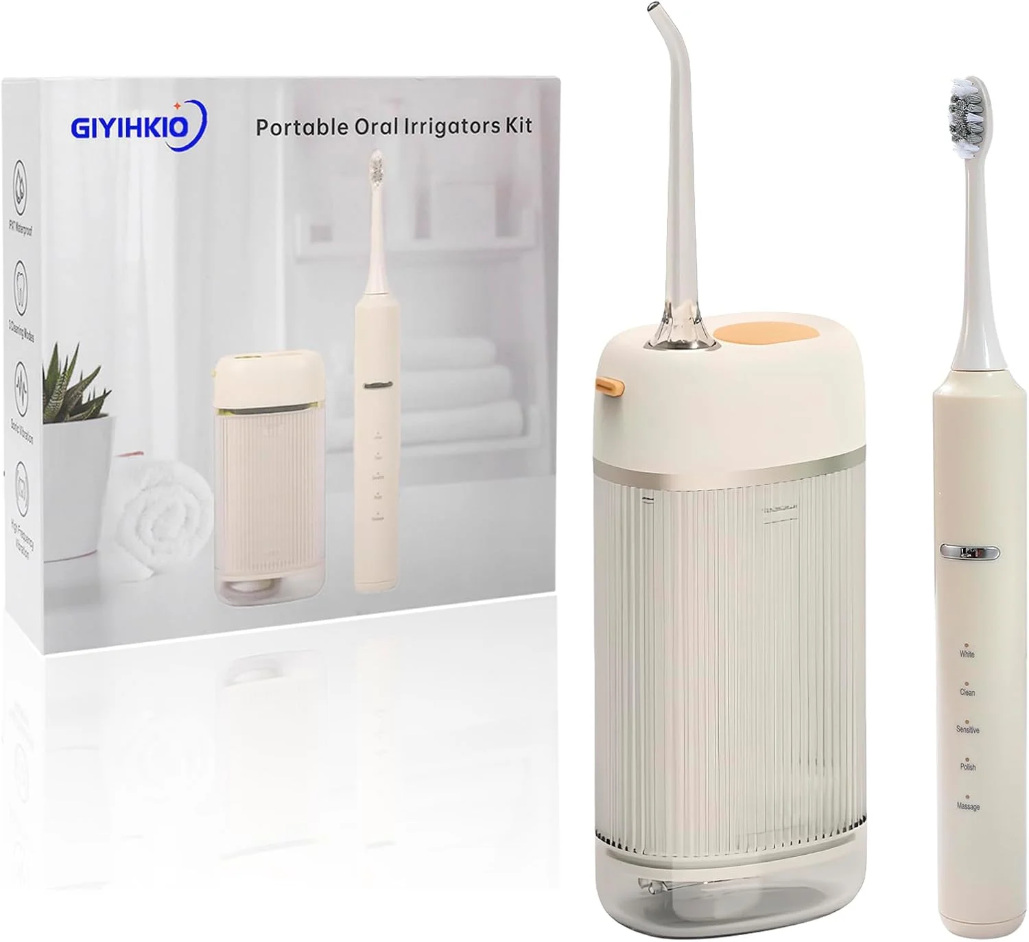 دستگاه شستشوی دهان GIYIHKIO، نخ دندان آبی حرفه ای و بی سیم، کیت مراقبت دهان و دندان برقی قابل حمل، دستگاه شستشوی دندان آبی و مسواک صوتی
