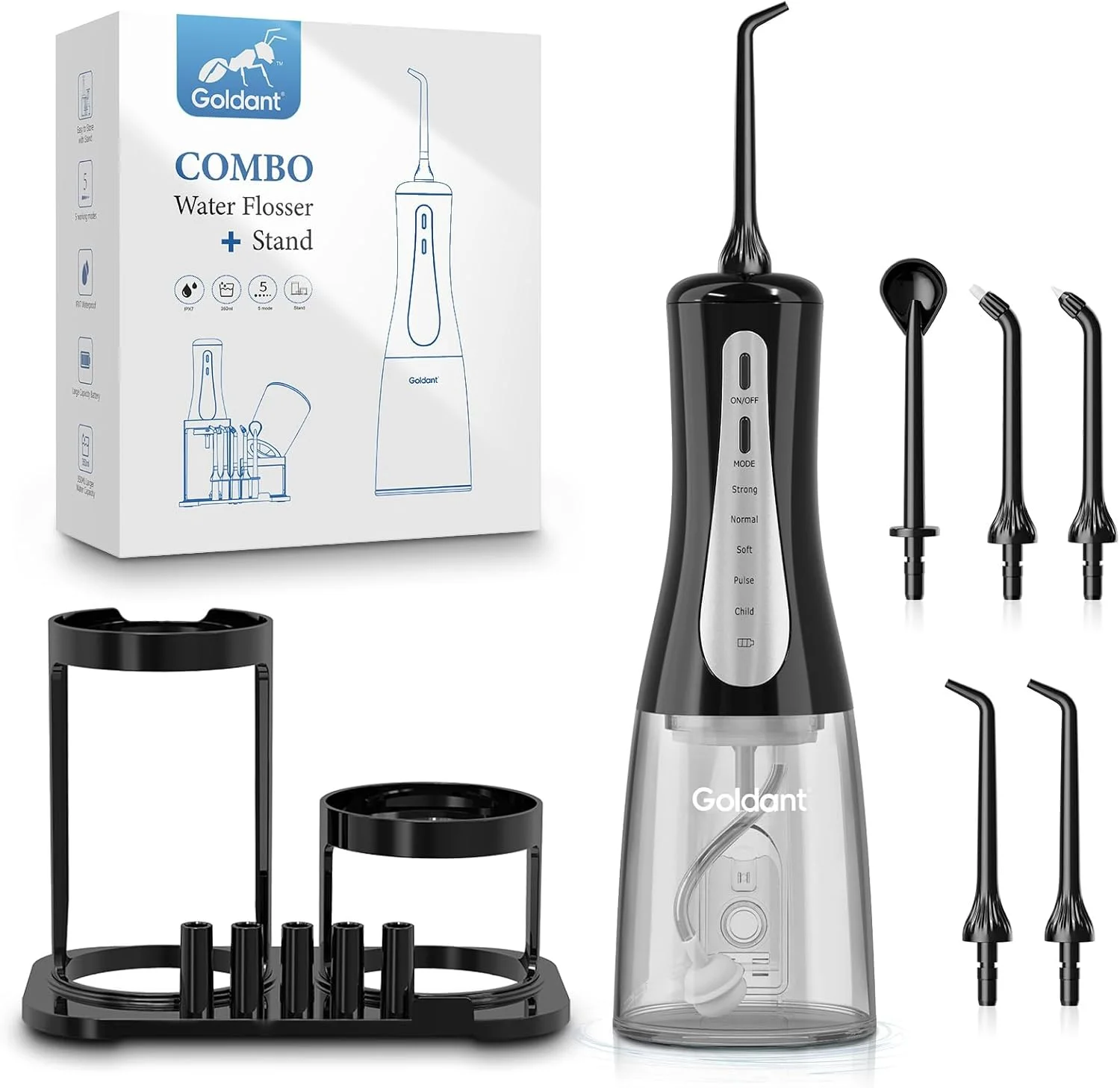 دستگاه شستشوی دهان و دندان 350 میلی لیتری با پایه نگهدارنده، 5 حالت، قابل حمل، بدون سیم، آبیاری دهان برقی قابل شارژ IPX7 ضد آب برای تمیز کردن دندان در خانه و مسافرت (مشکی)