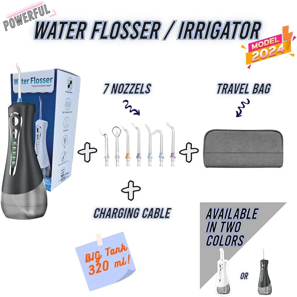 نسل جدید نخ دندان آبی بی‌سیم، دستگاه شستشوی دهان حرفه‌ای، ارتقا یافته 2024، ضدآب IPX7، با کیف مسافرتی و 7 سری جت، قابل شارژ برای خانه و مسافرت (نسخه مشکی)