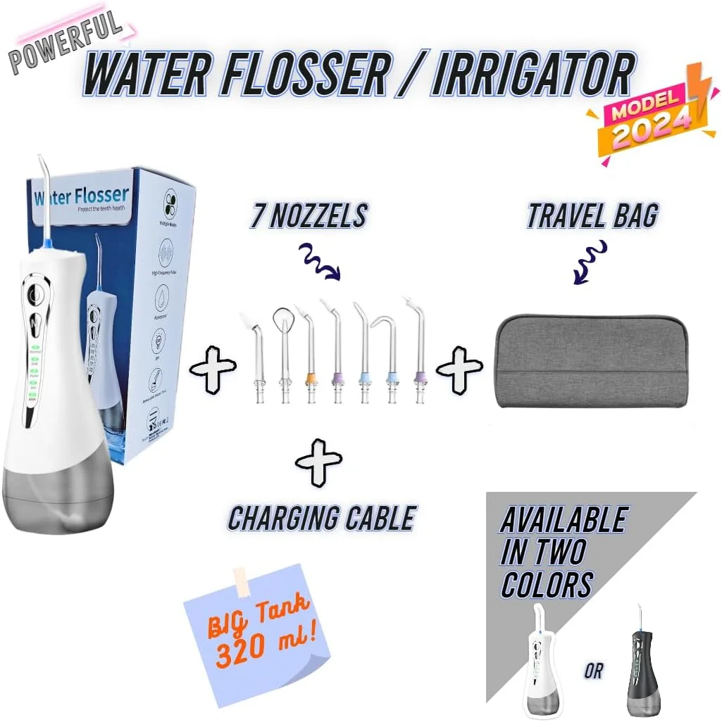 نسل جدید نخ دندان آبی بی سیم، دستگاه شستشوی دهان حرفه ای، نخ دندان برقی ارتقا یافته 2024 با استاندارد ضدآب IPX7، به همراه کیف مسافرتی و 7 نازل جت، قابل شارژ برای خانه و مسافرت (نسخه سفید)